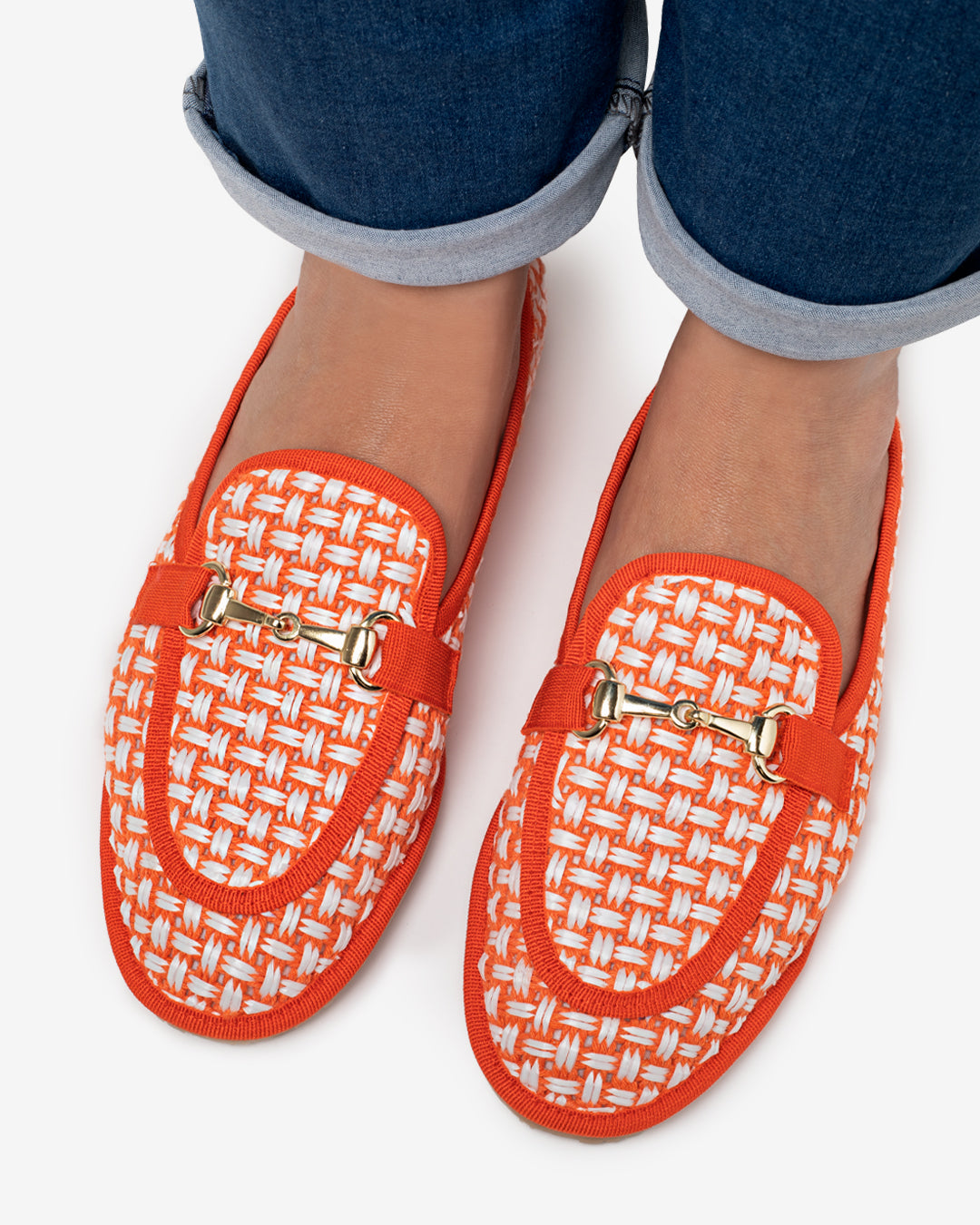 Friulane Donna Mocassino Arancione in Rafia Intrecciata Bicolore