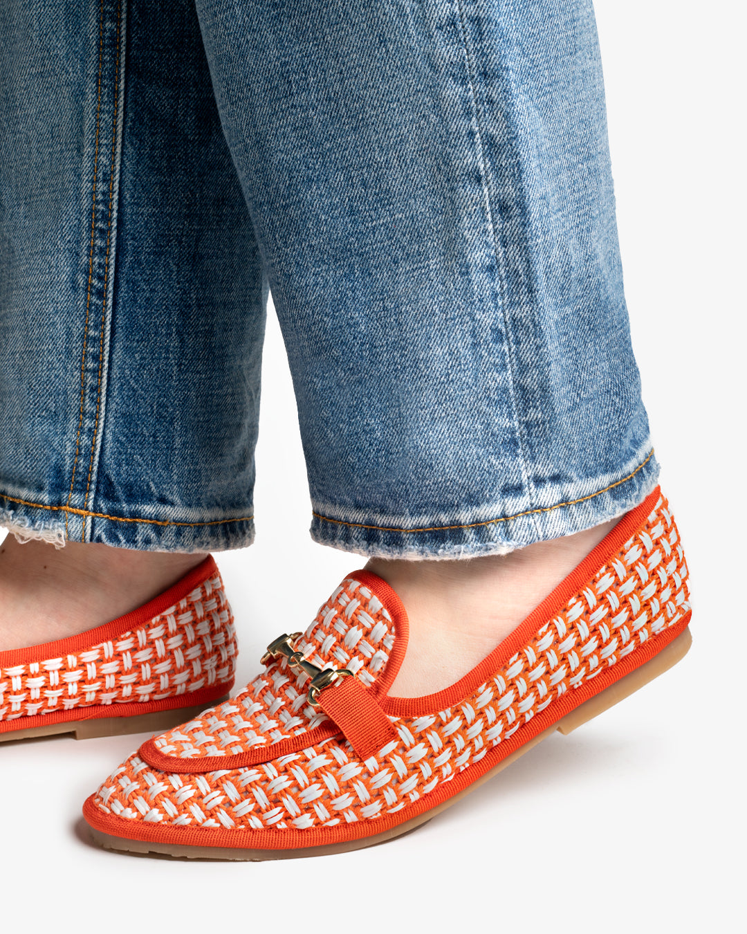 Friulane Donna Mocassino Arancione in Rafia Intrecciata Bicolore