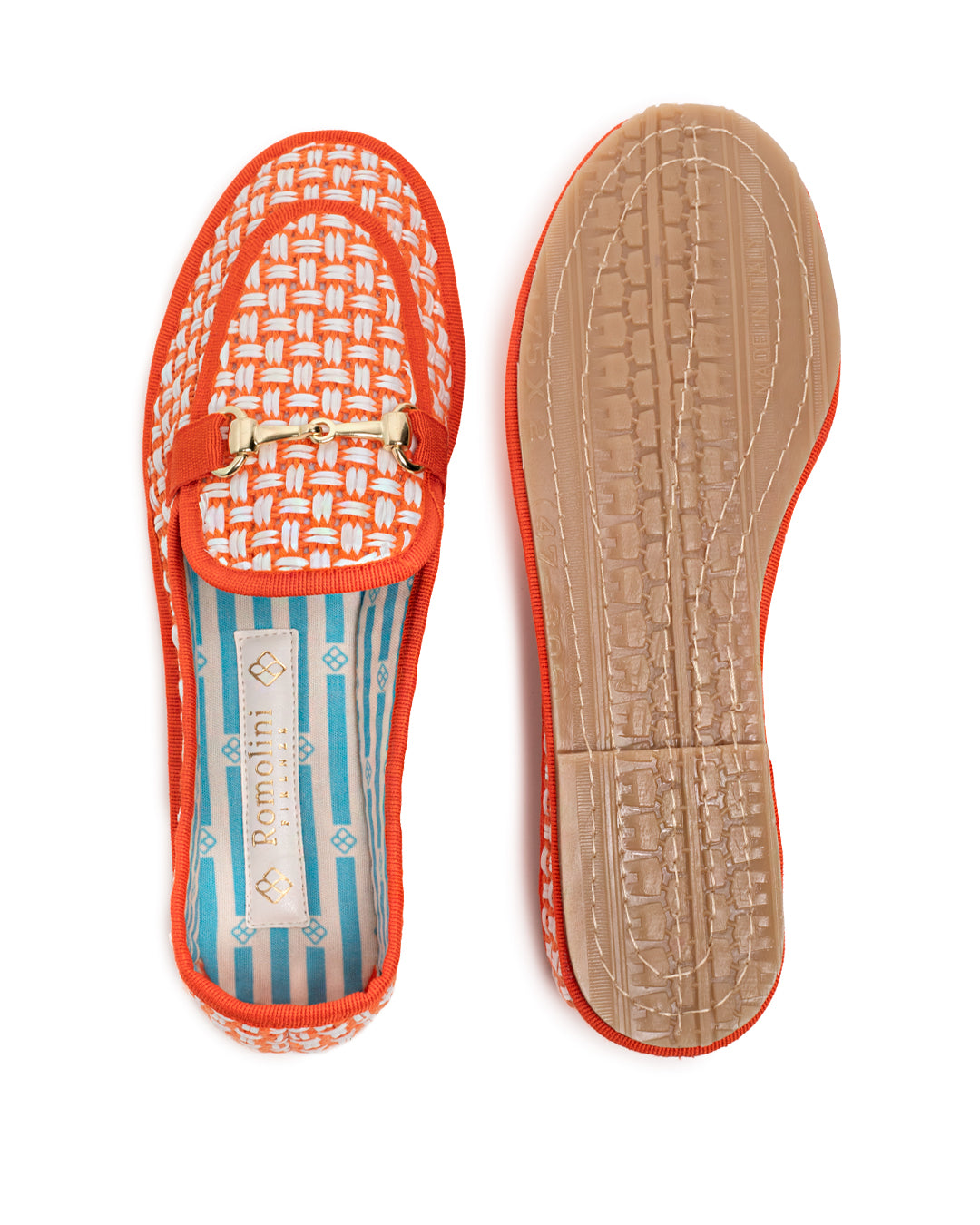 Friulane Donna Mocassino Arancione in Rafia Intrecciata Bicolore