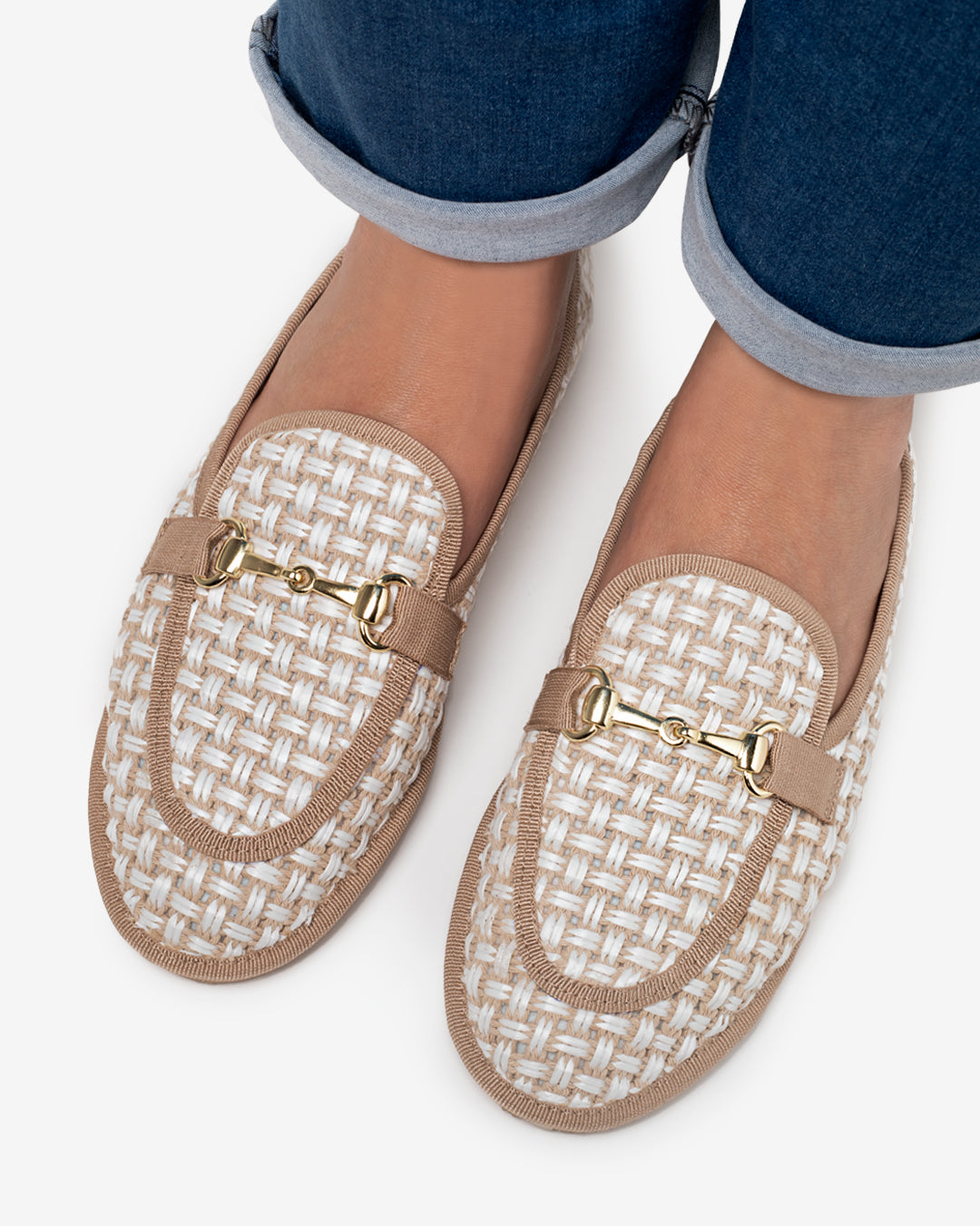 Friulane Donna Mocassino Beige in Rafia Intrecciata Bicolore