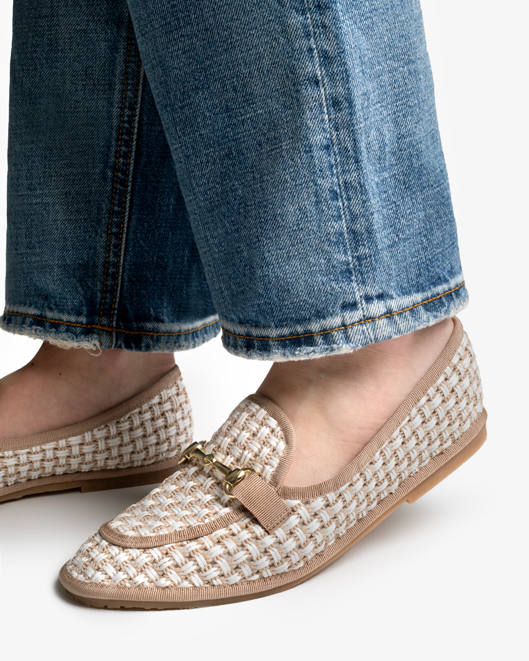 Friulane Donna Mocassino Beige in Rafia Intrecciata Bicolore