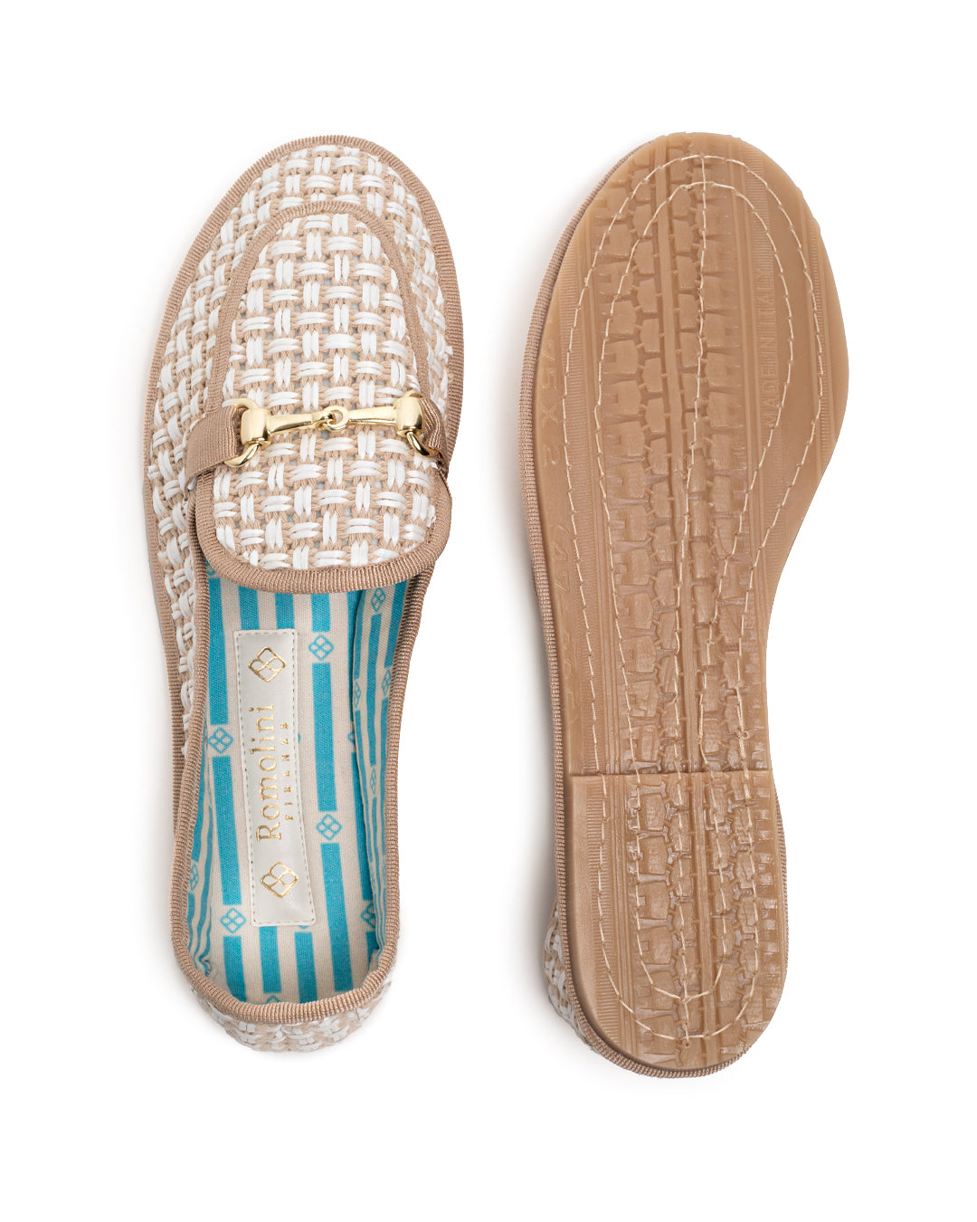 Friulane Donna Mocassino Beige in Rafia Intrecciata Bicolore