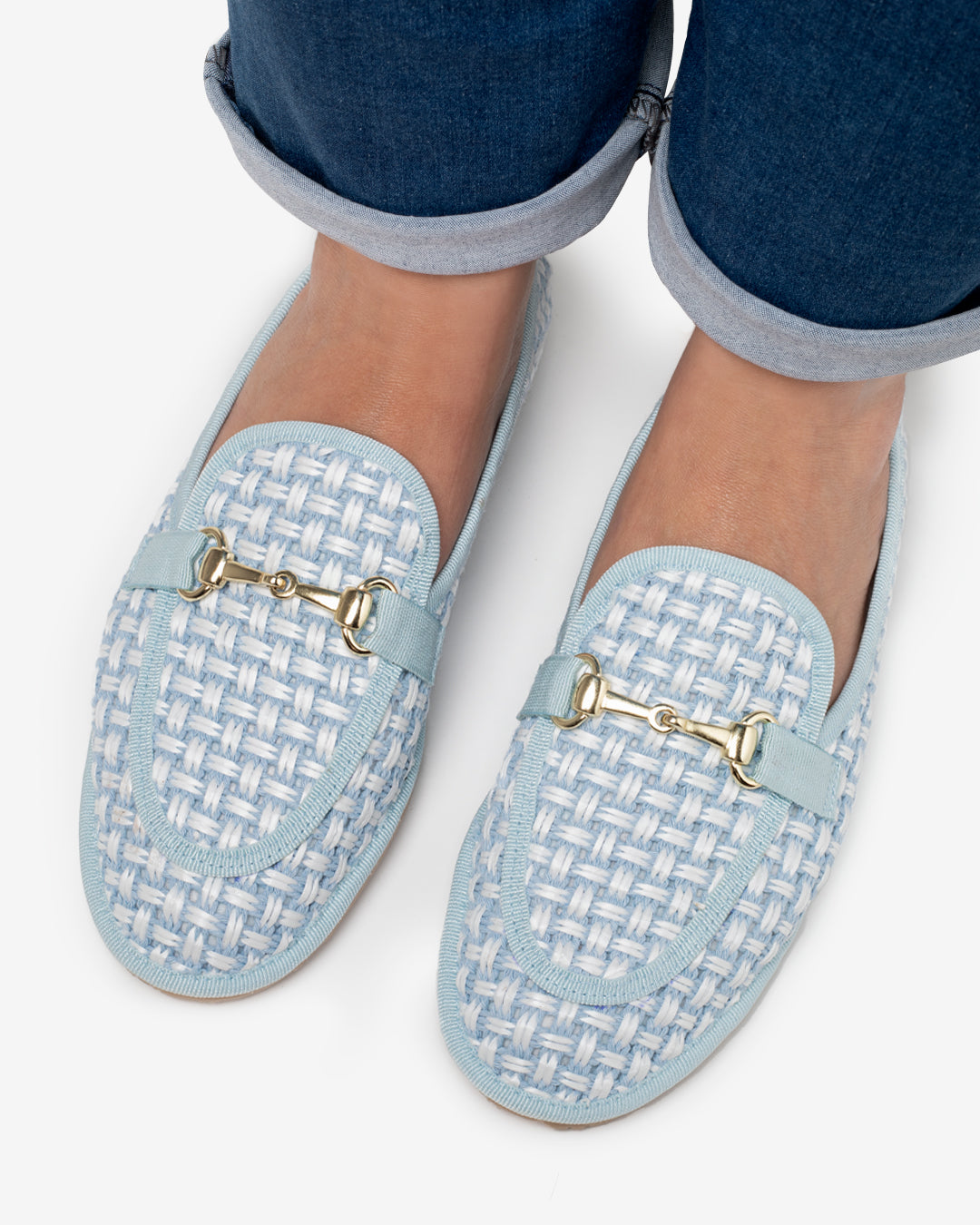 Friulane Donna Mocassino Celeste in Rafia Intrecciata Bicolore