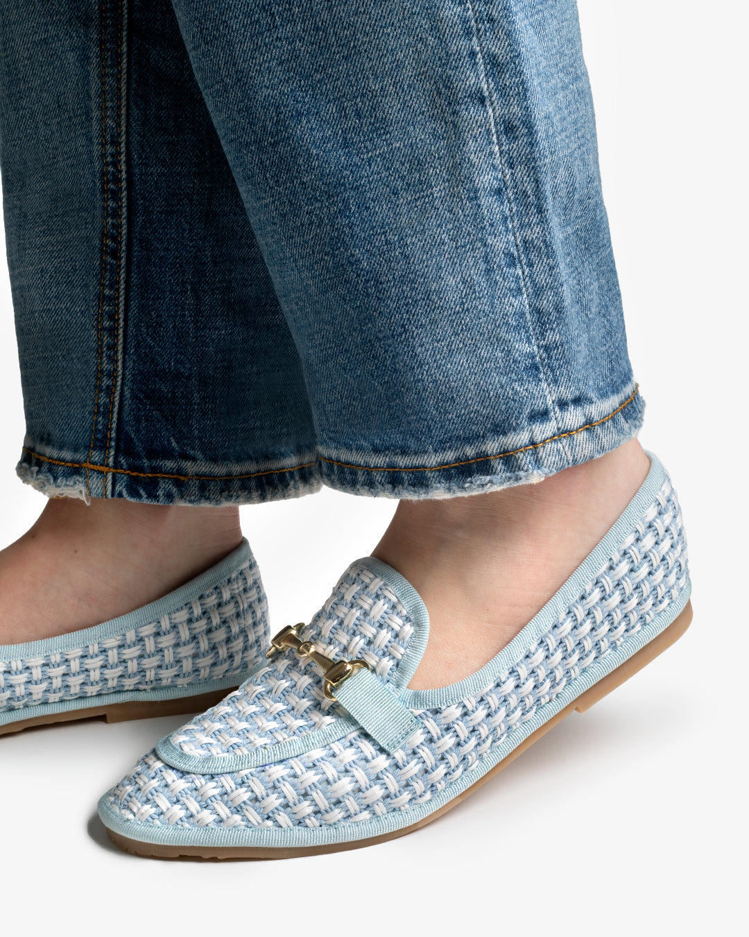 Friulane Donna Mocassino Celeste in Rafia Intrecciata Bicolore