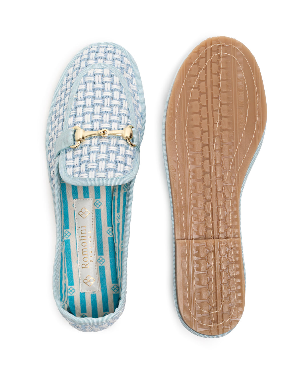 Friulane Donna Mocassino Celeste in Rafia Intrecciata Bicolore