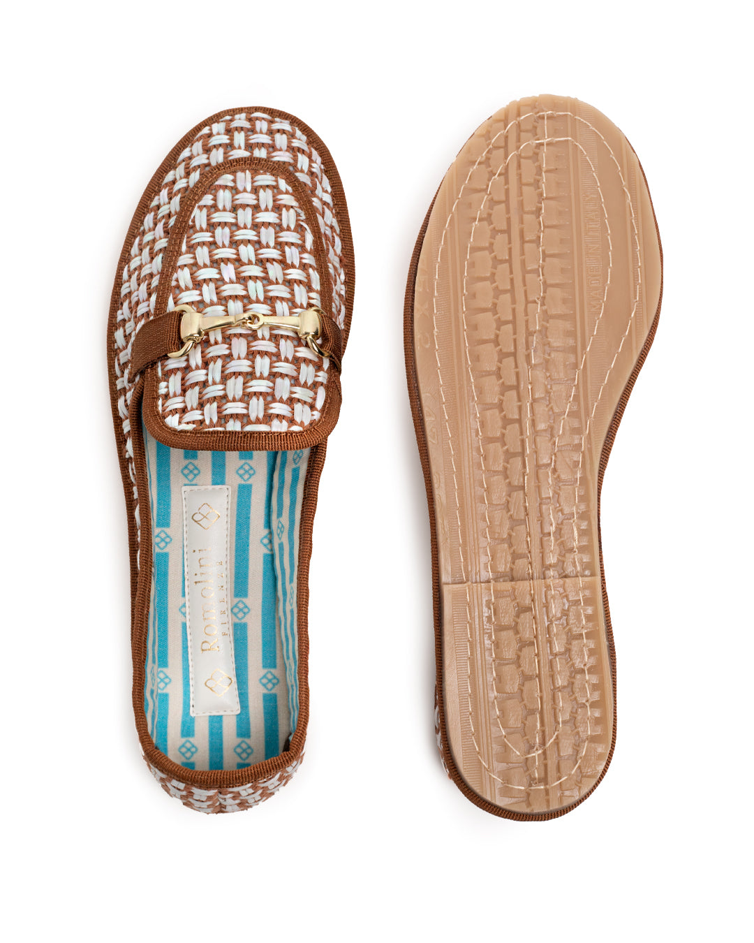 Friulane Donna Mocassino Cuoio in Rafia Intrecciata Bicolore