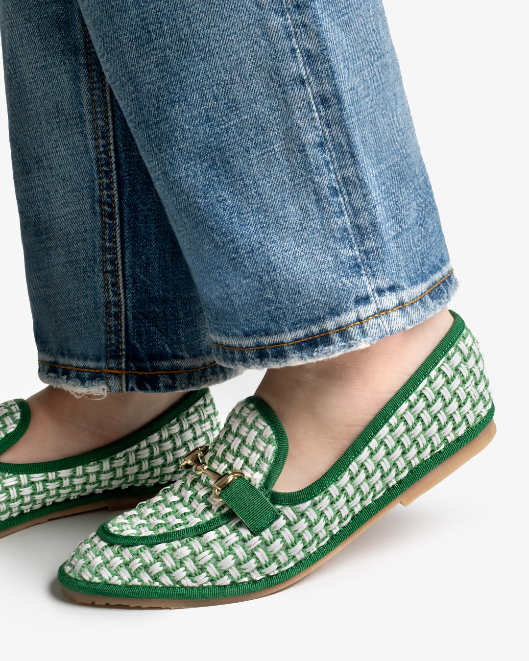 Friulane Donna Mocassino Verde in Rafia Intrecciata Bicolore