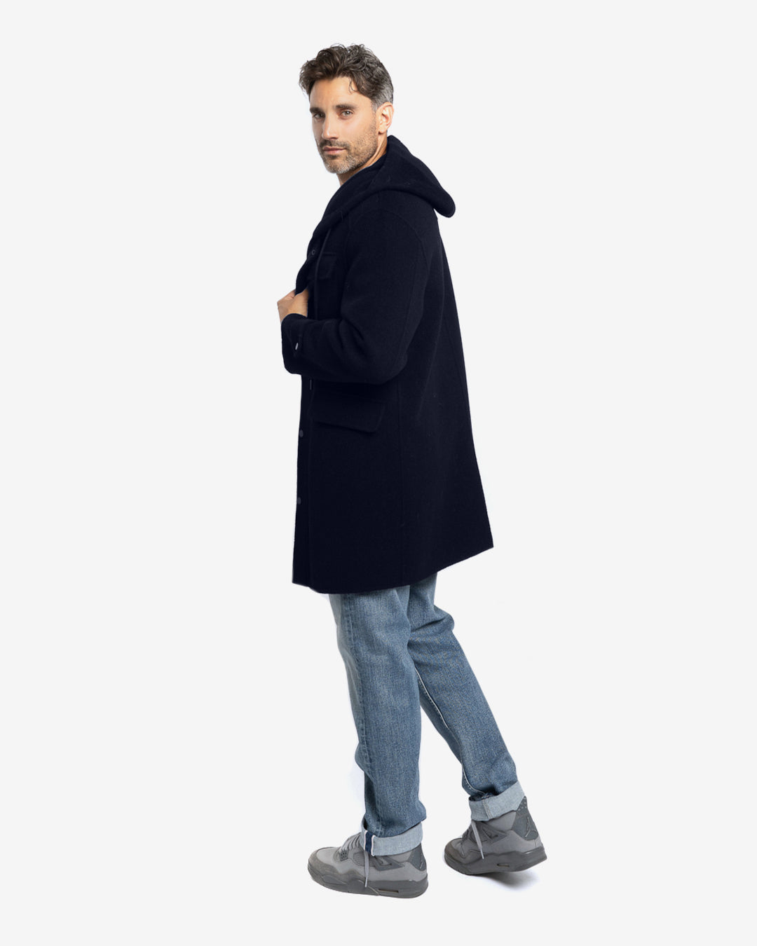 Cappotto casual con cappuccio in lana e cashmere blu