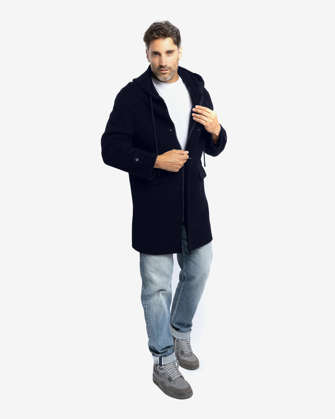 Cappotto casual con cappuccio in lana e cashmere blu