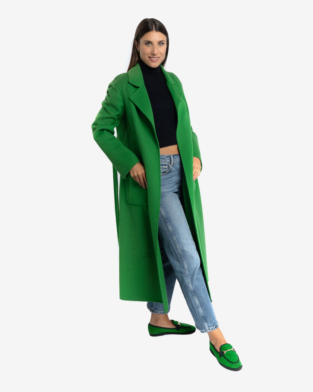 Cappotto slim lungo in lana e cashmere verde