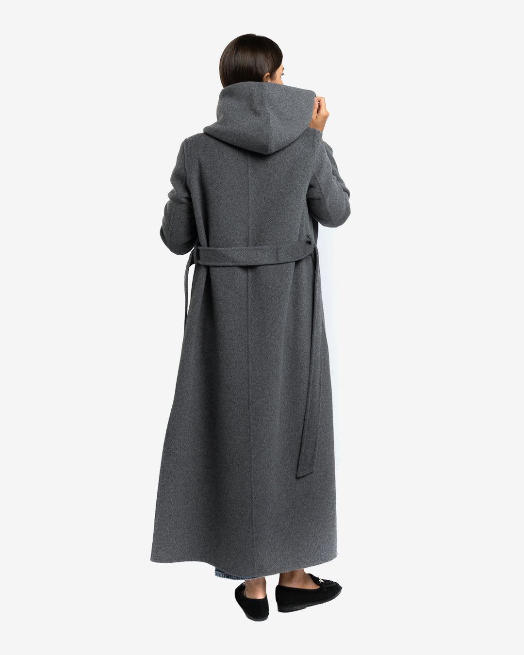 Cappotto lungo con cappuccio in lana e cashmere grigio