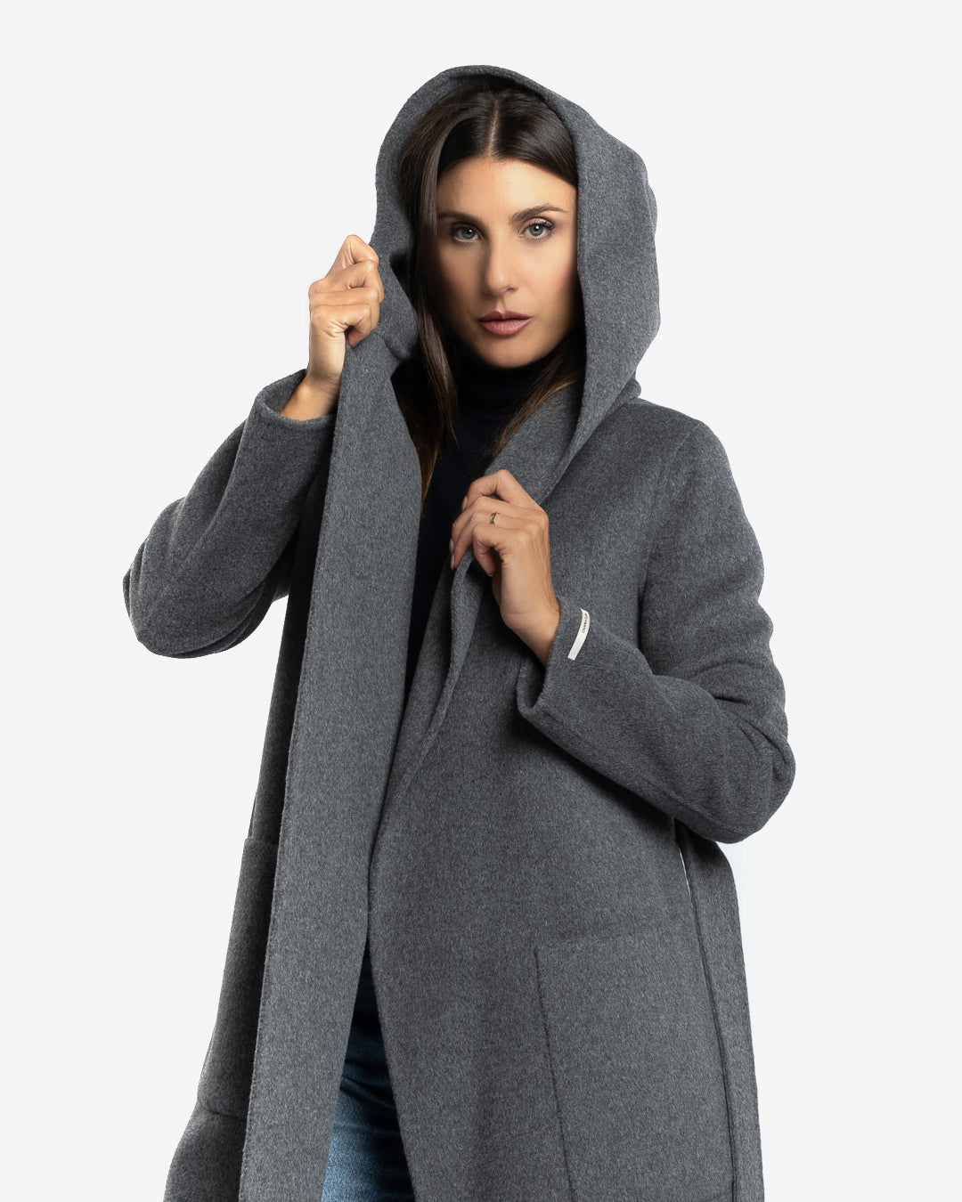 Cappotto lungo con cappuccio in lana e cashmere grigio