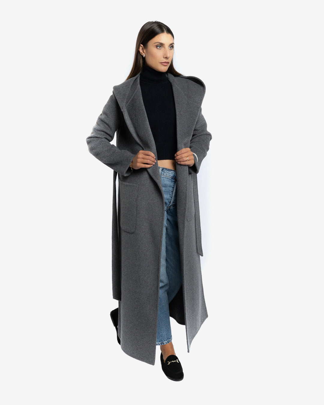 Cappotto lungo con cappuccio in lana e cashmere grigio