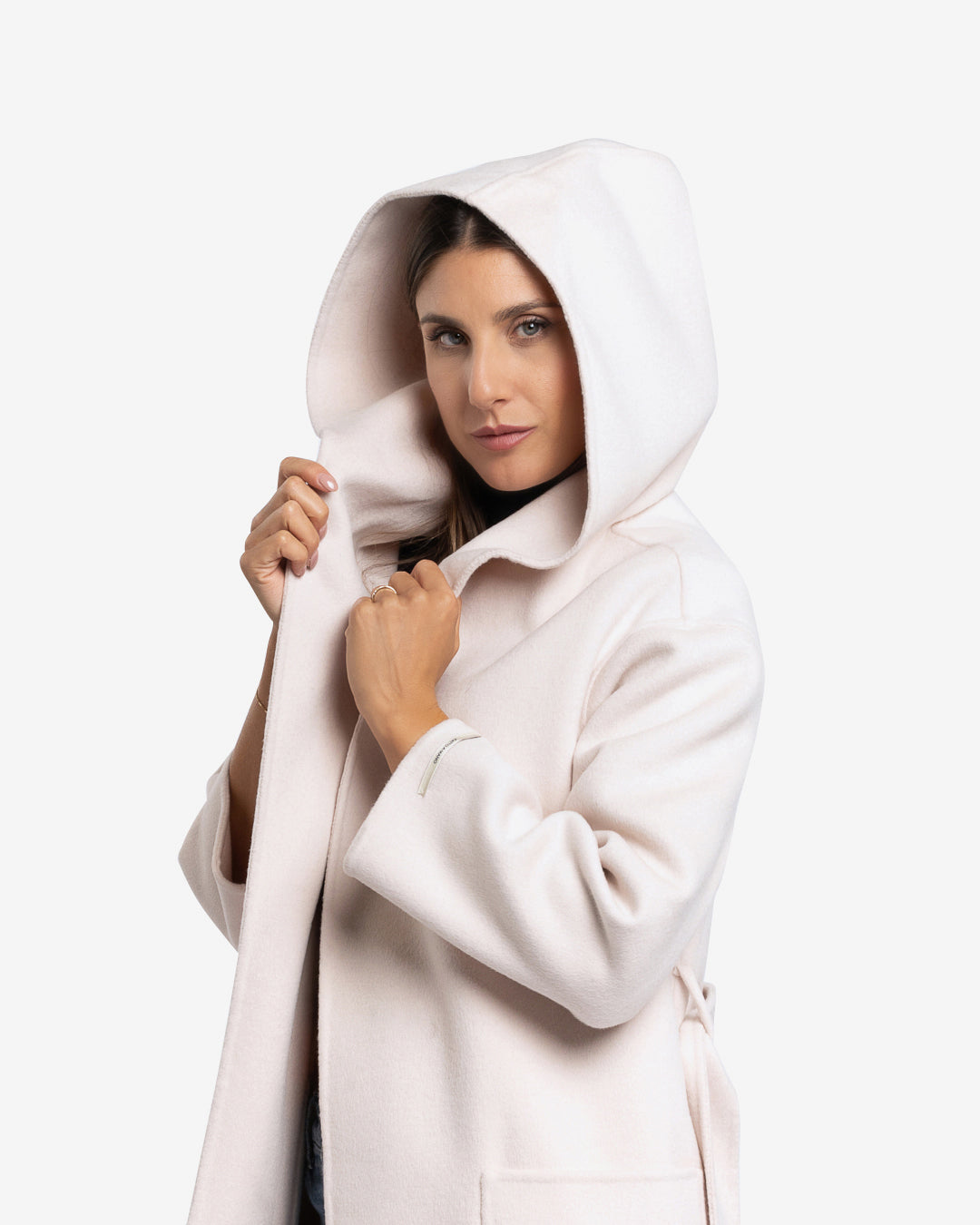 Cappotto midi con cappuccio in lana e cashmere champagne