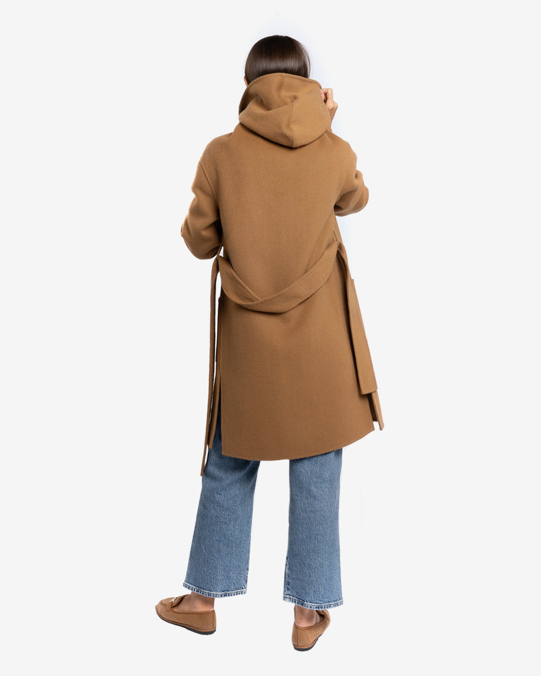 Cappotto midi con cappuccio in lana e cashmere cammello