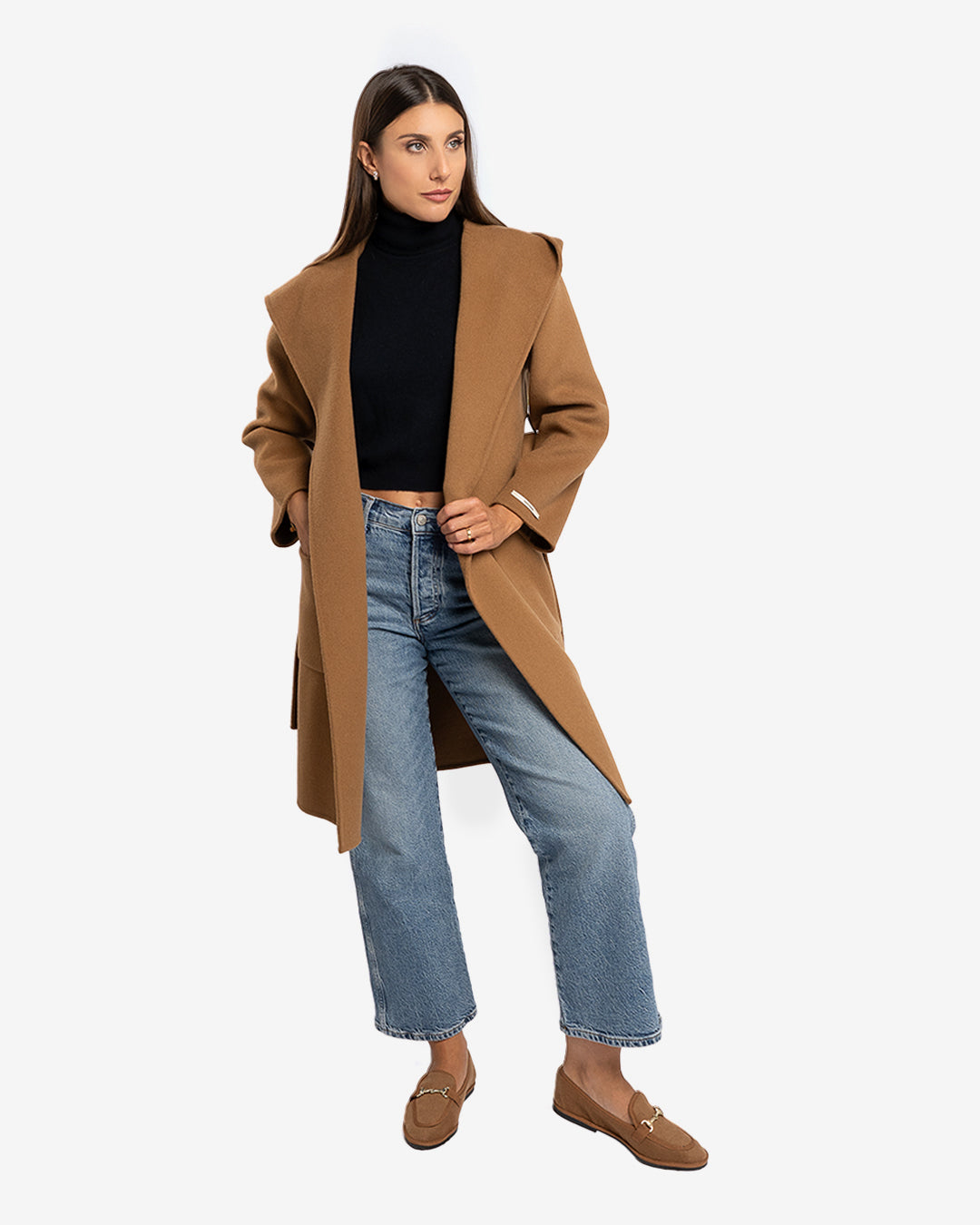 Cappotto midi con cappuccio in lana e cashmere cammello