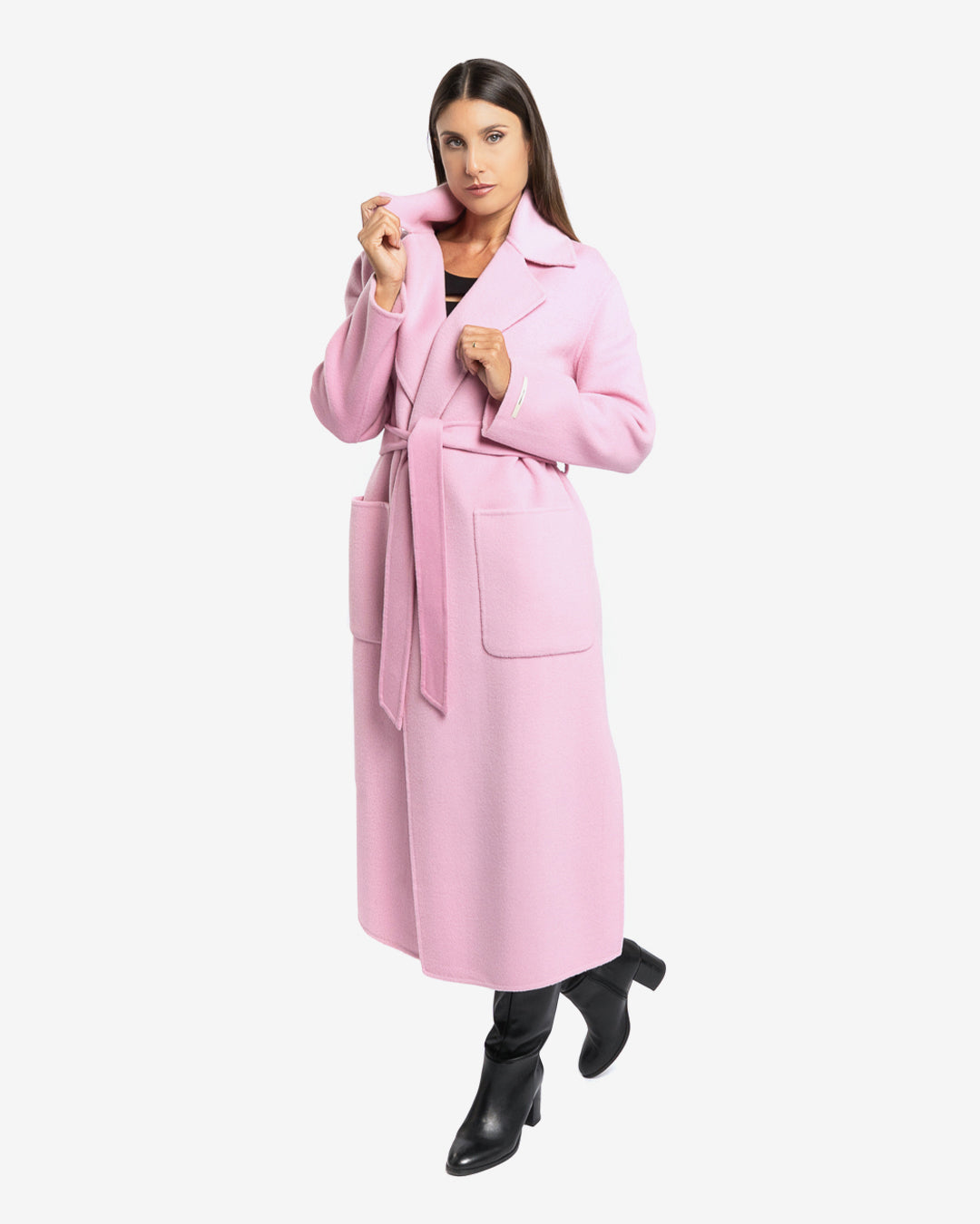 Cappotto lungo tasche applicate in lana e cashmere rosa