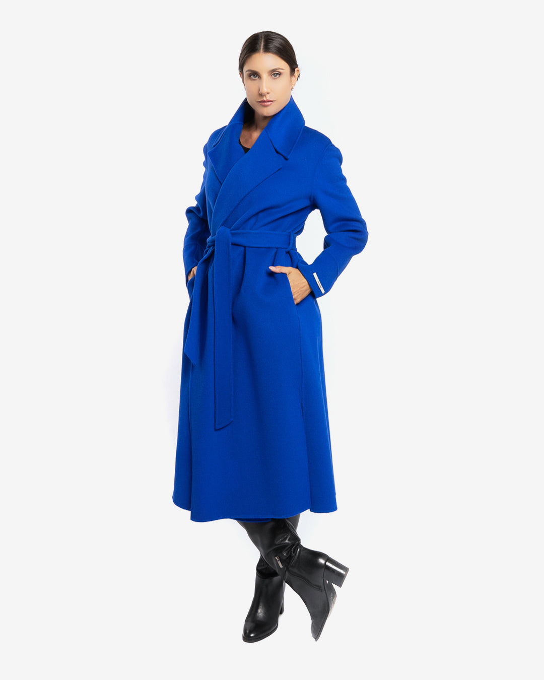 Cappotto lungo tasche a filetto in lana e cashmere bluette