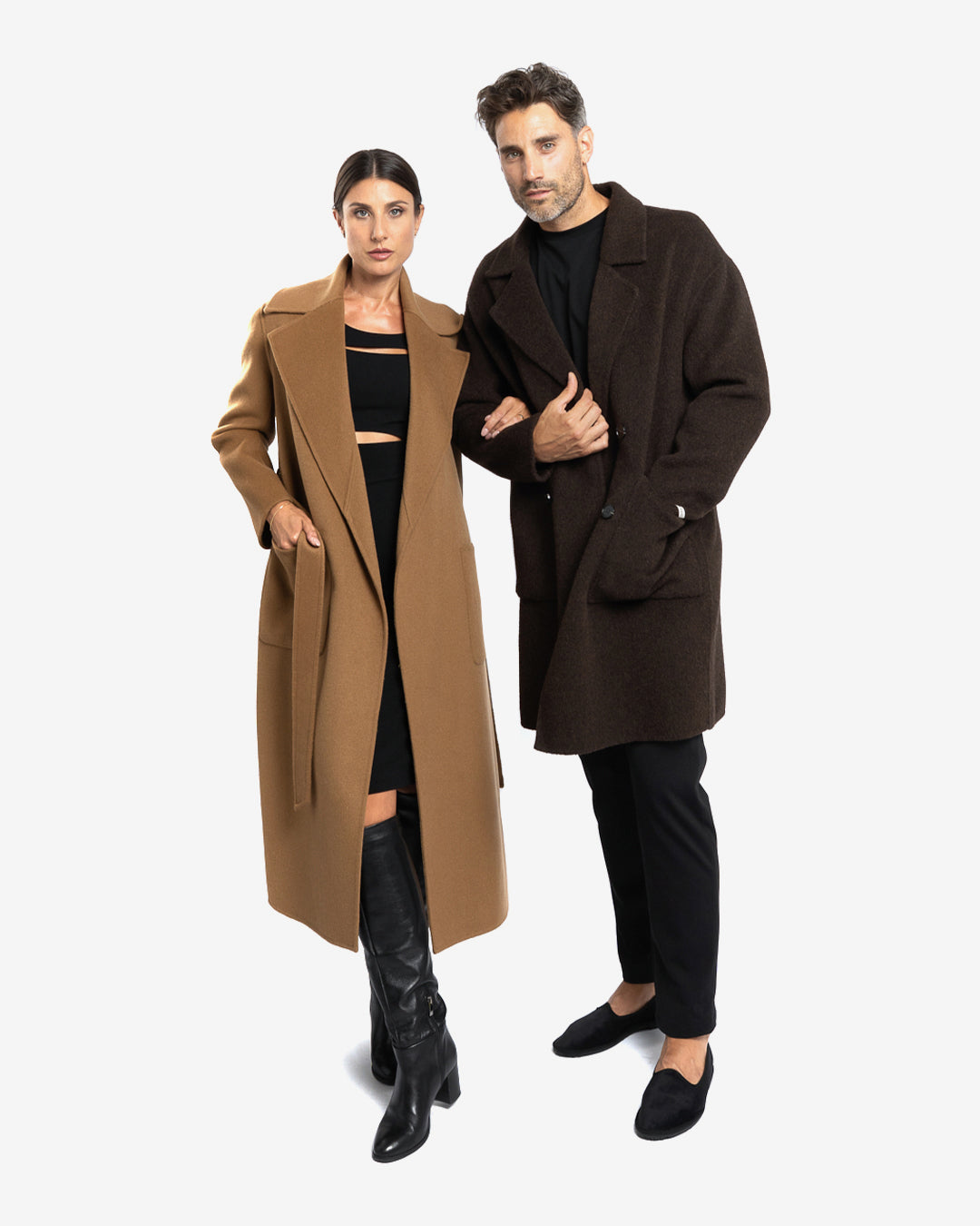 Cappotto lungo tasche applicate in lana e cashmere cammello