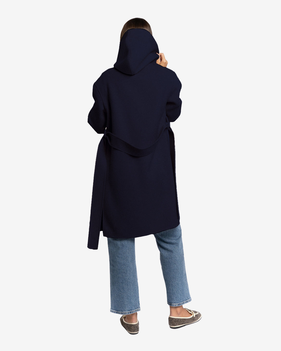 Cappotto midi con cappuccio in lana e cashmere blu