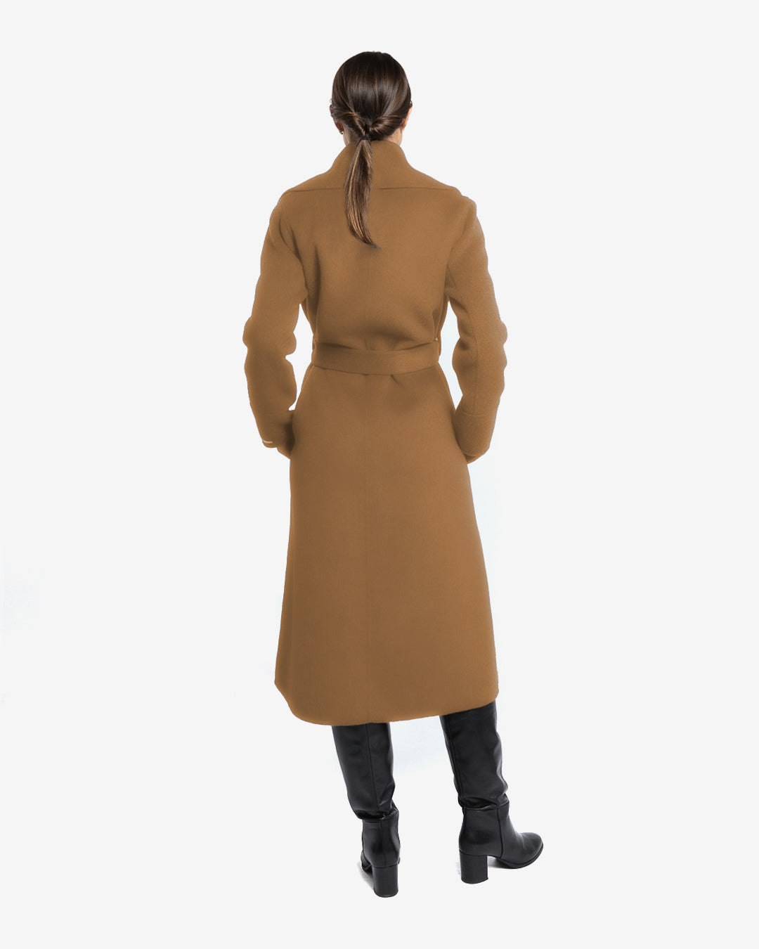 Cappotto lungo tasche a filetto in lana e cashmere cammello