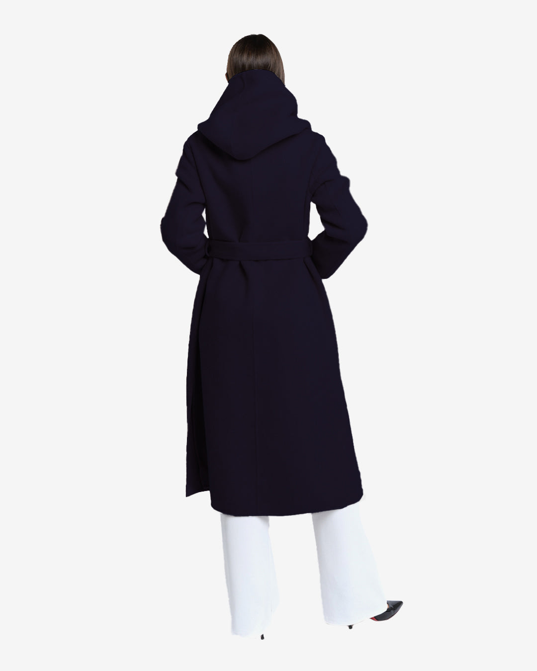 Cappotto lungo con cappuccio in lana e cashmere blu