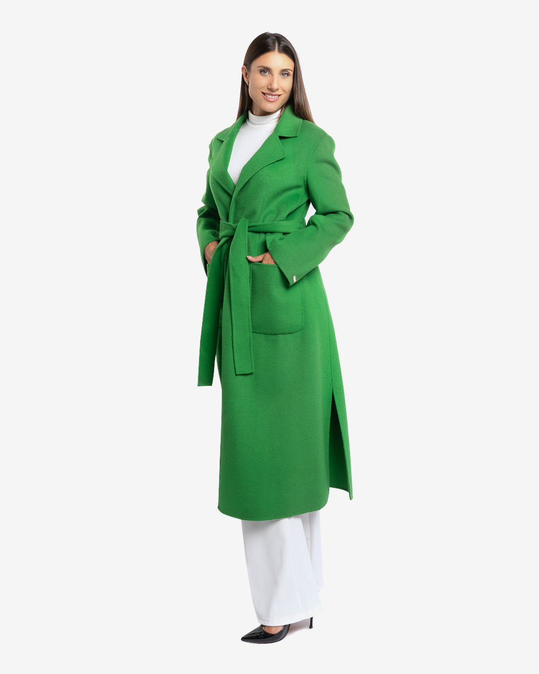 Cappotto slim lungo in lana e cashmere verde