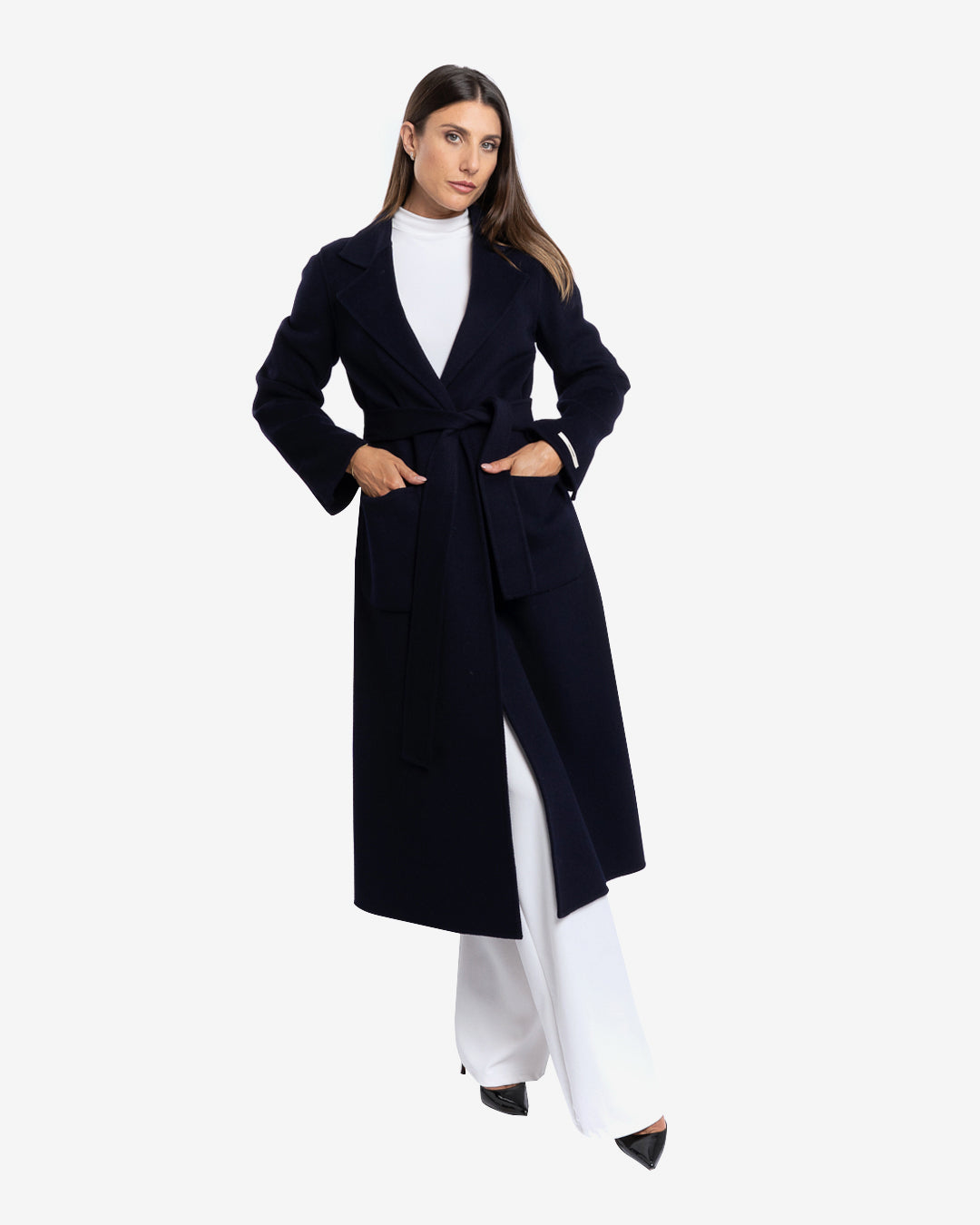 Cappotto slim lungo in lana e cashmere blu