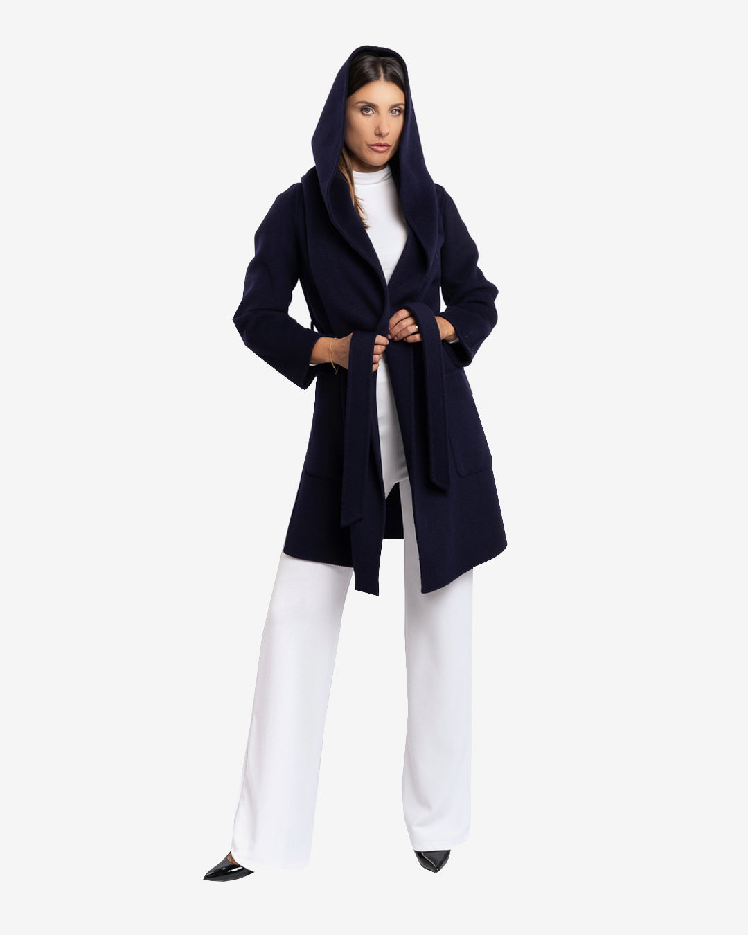 Cappotto midi con cappuccio in lana e cashmere blu