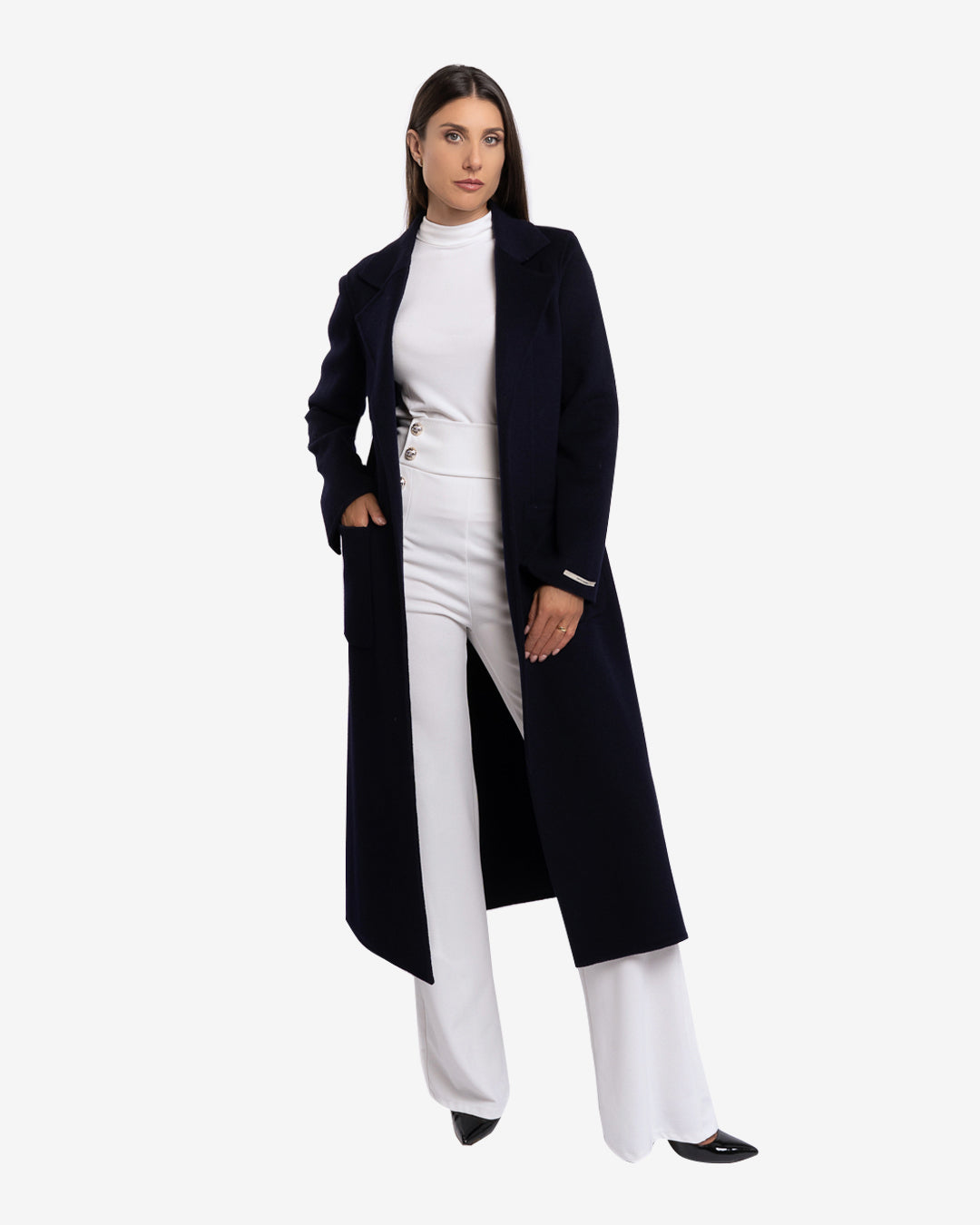 Cappotto slim lungo in lana e cashmere blu