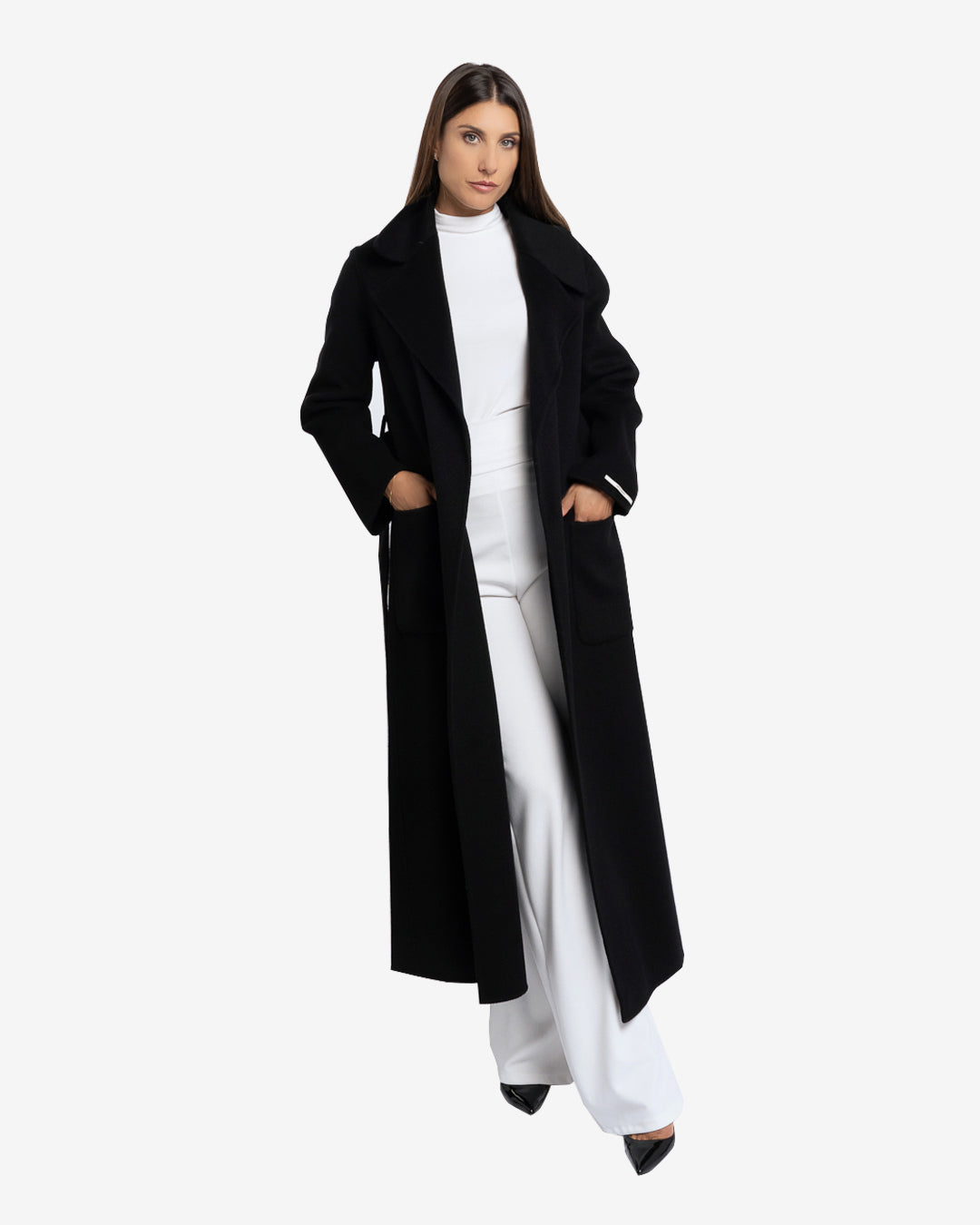 Cappotto lungo tasche applicate in lana e cashmere nero