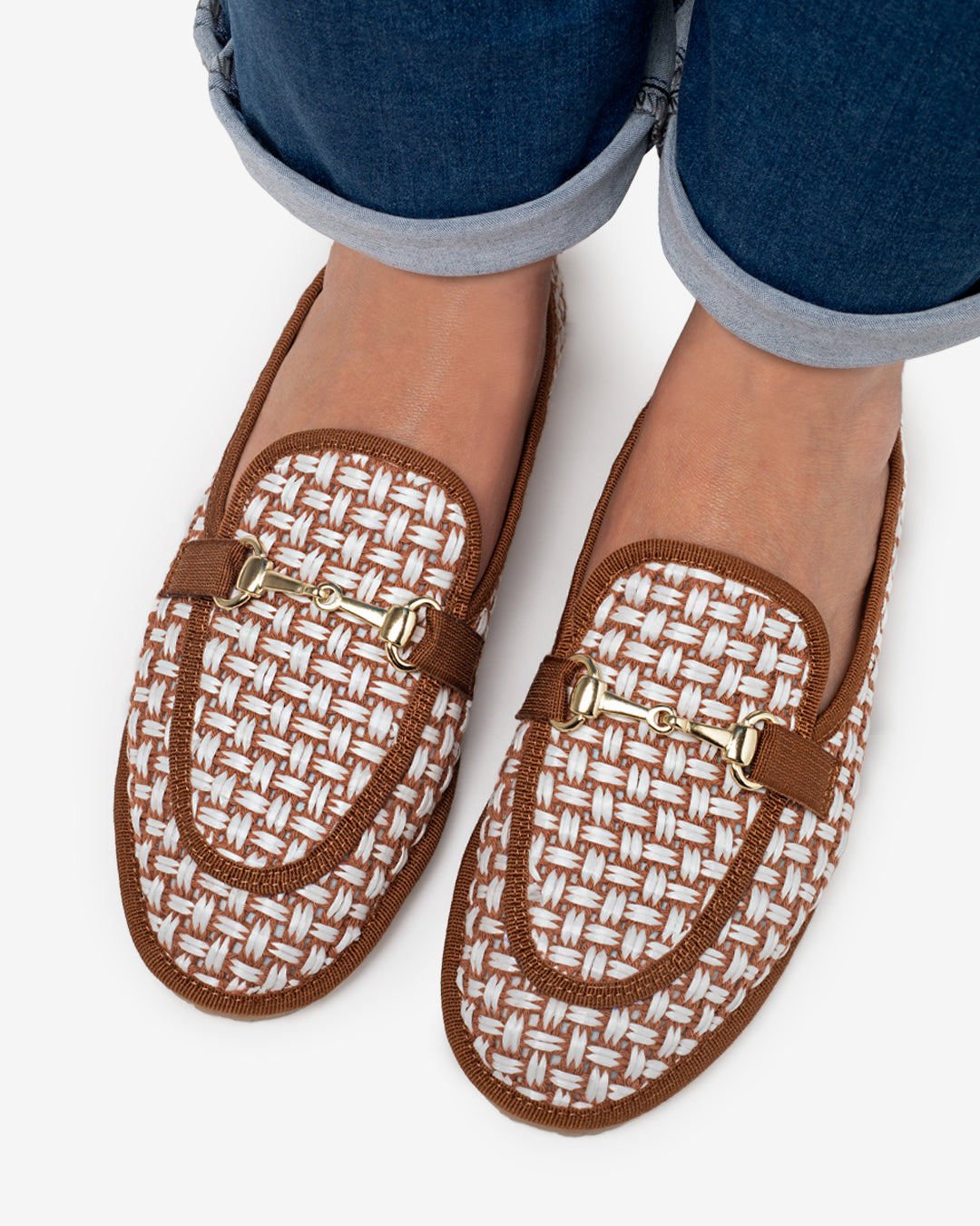 Friulane Donna Mocassino Cuoio in Rafia Intrecciata Bicolore