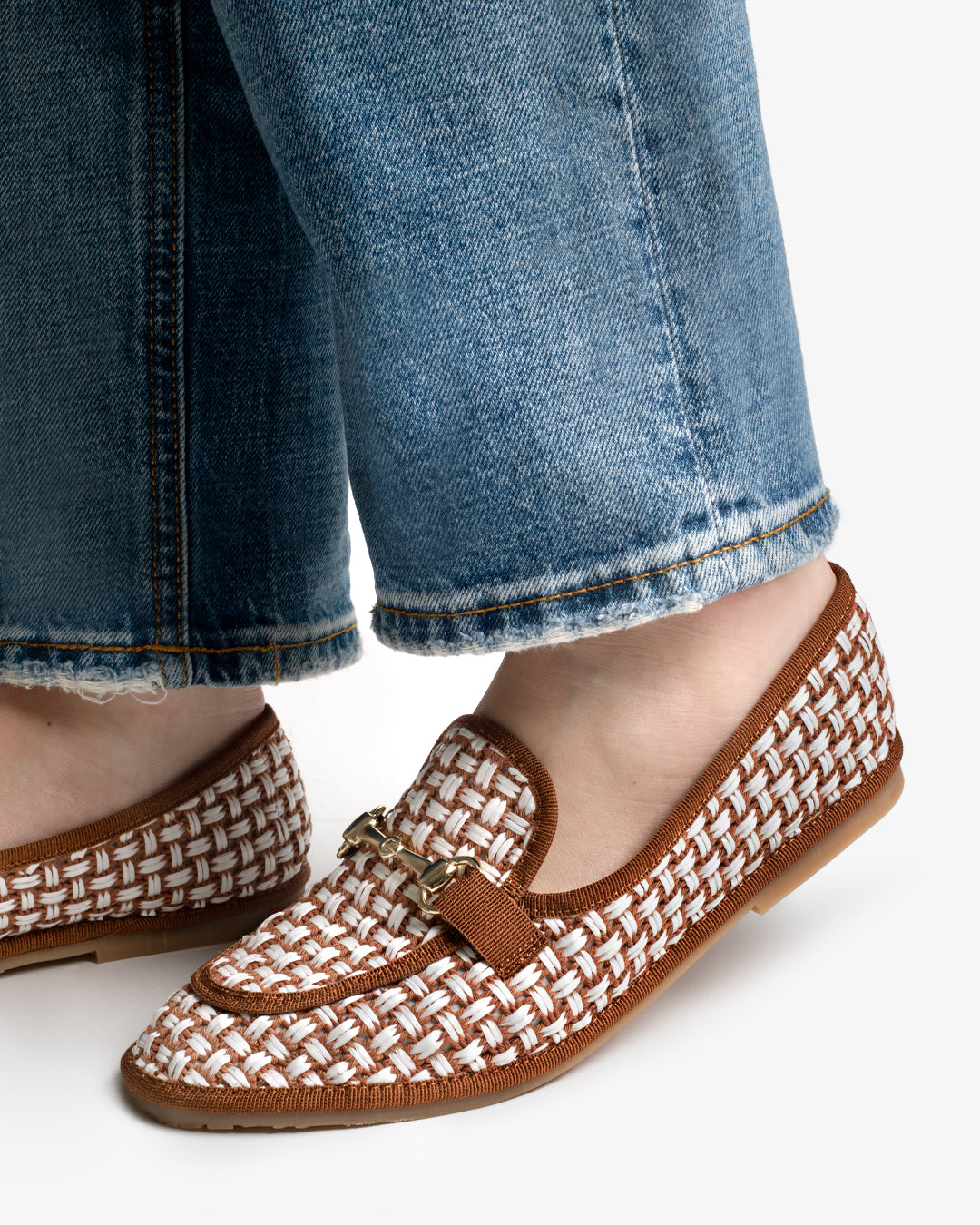 Friulane Donna Mocassino Cuoio in Rafia Intrecciata Bicolore
