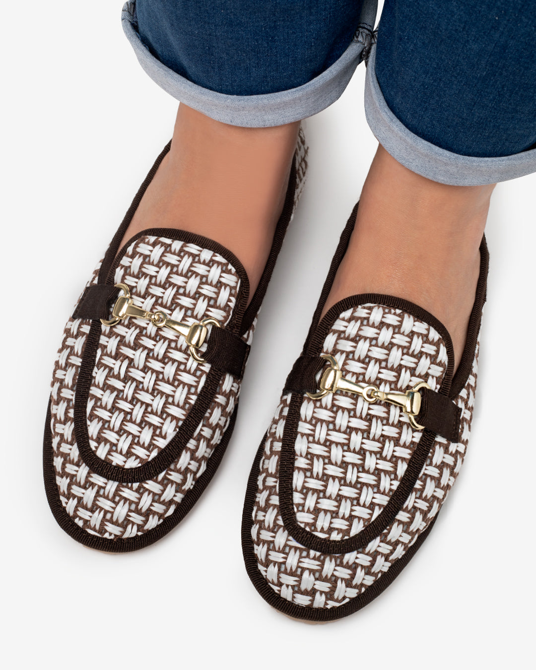 Friulane Donna Mocassino Marrone in Rafia Intrecciata Bicolore