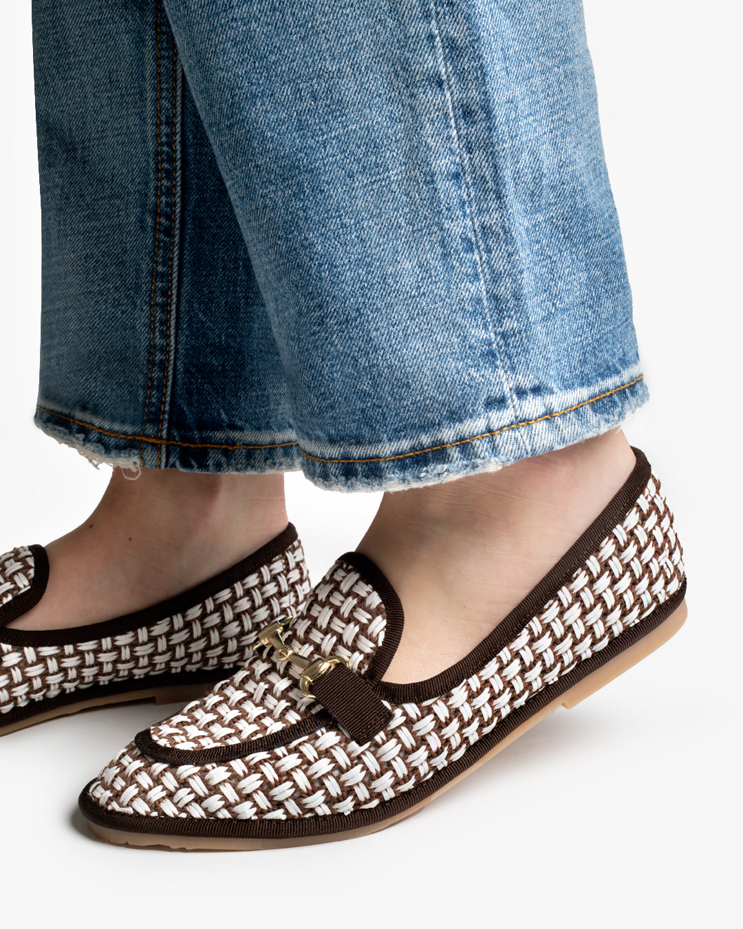 Friulane Donna Mocassino Marrone in Rafia Intrecciata Bicolore