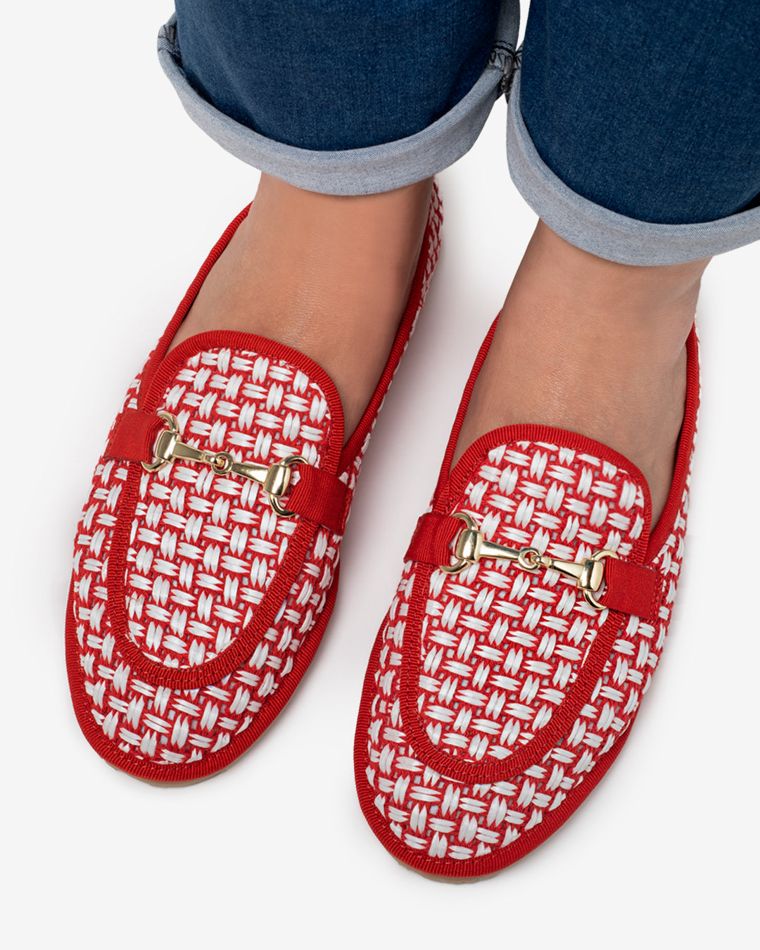 Friulane Donna Mocassino Rosso in Rafia Intrecciata Bicolore