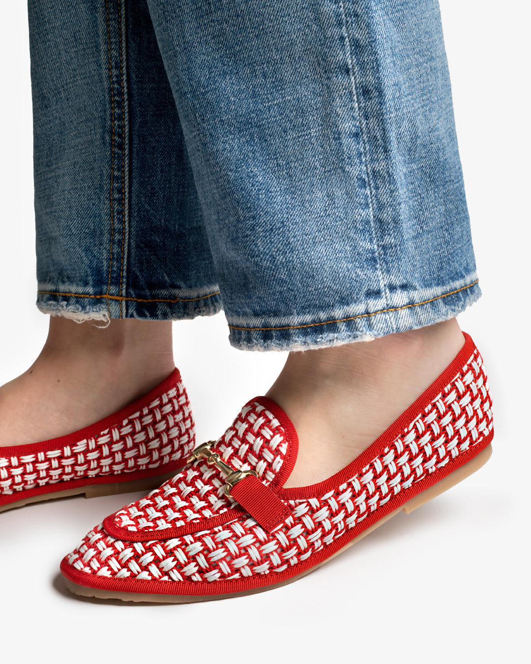 Friulane Donna Mocassino Rosso in Rafia Intrecciata Bicolore