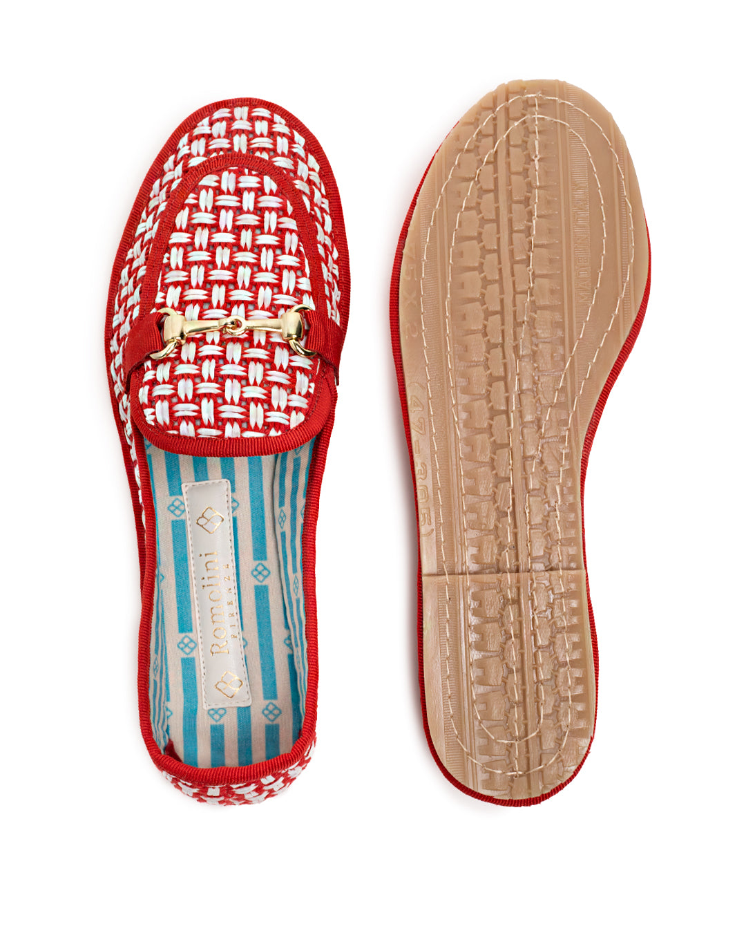 Friulane Donna Mocassino Rosso in Rafia Intrecciata Bicolore