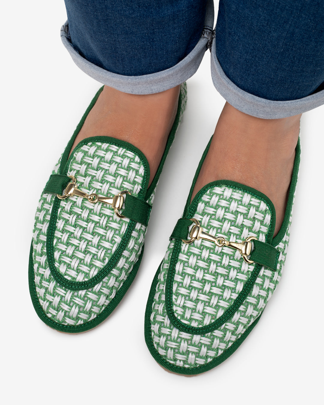 Friulane Donna Mocassino Verde in Rafia Intrecciata Bicolore