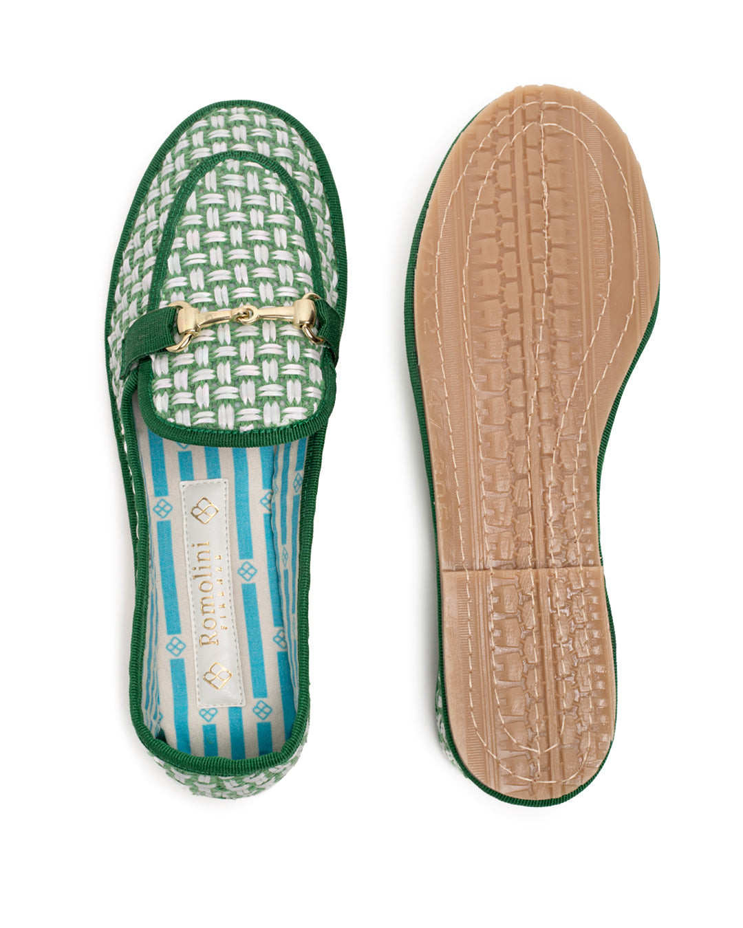 Friulane Donna Mocassino Verde in Rafia Intrecciata Bicolore