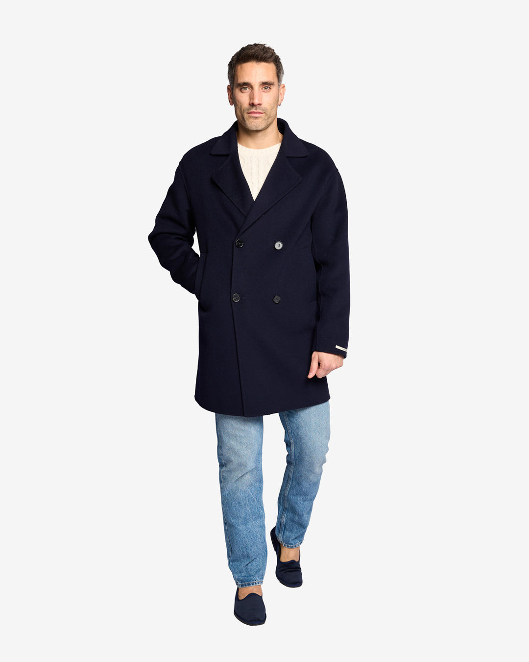 Cappotto midi regular doppiopetto in lana e cashmere blu