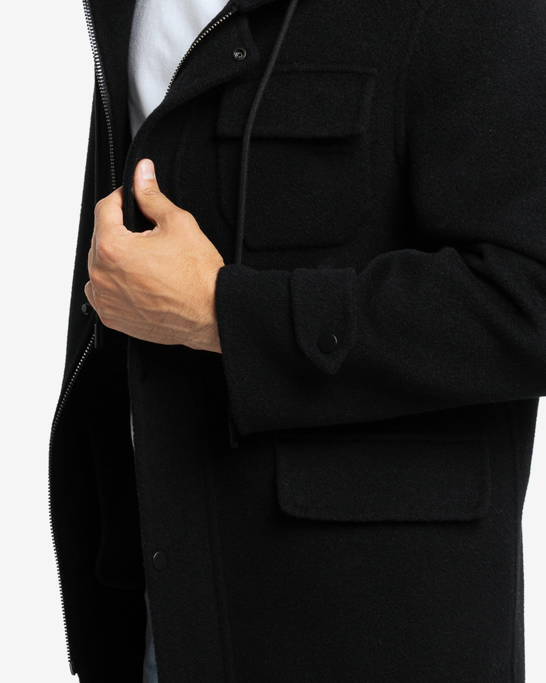 Cappotto casual con cappuccio in lana e cashmere nero