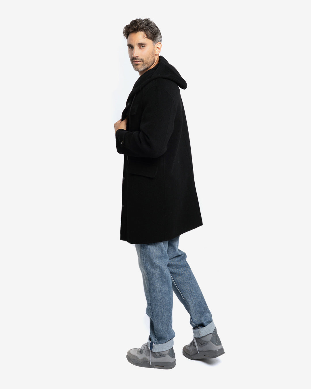 Cappotto casual con cappuccio in lana e cashmere nero