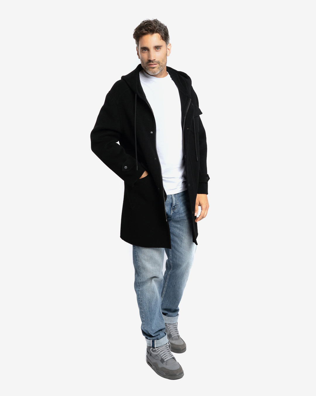 Cappotto casual con cappuccio in lana e cashmere nero