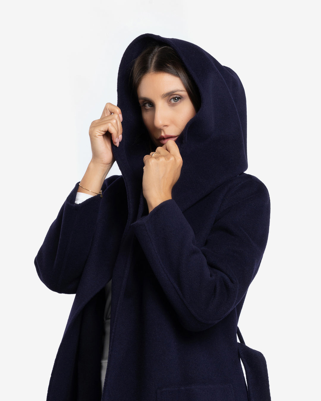 Cappotto midi con cappuccio in lana e cashmere blu