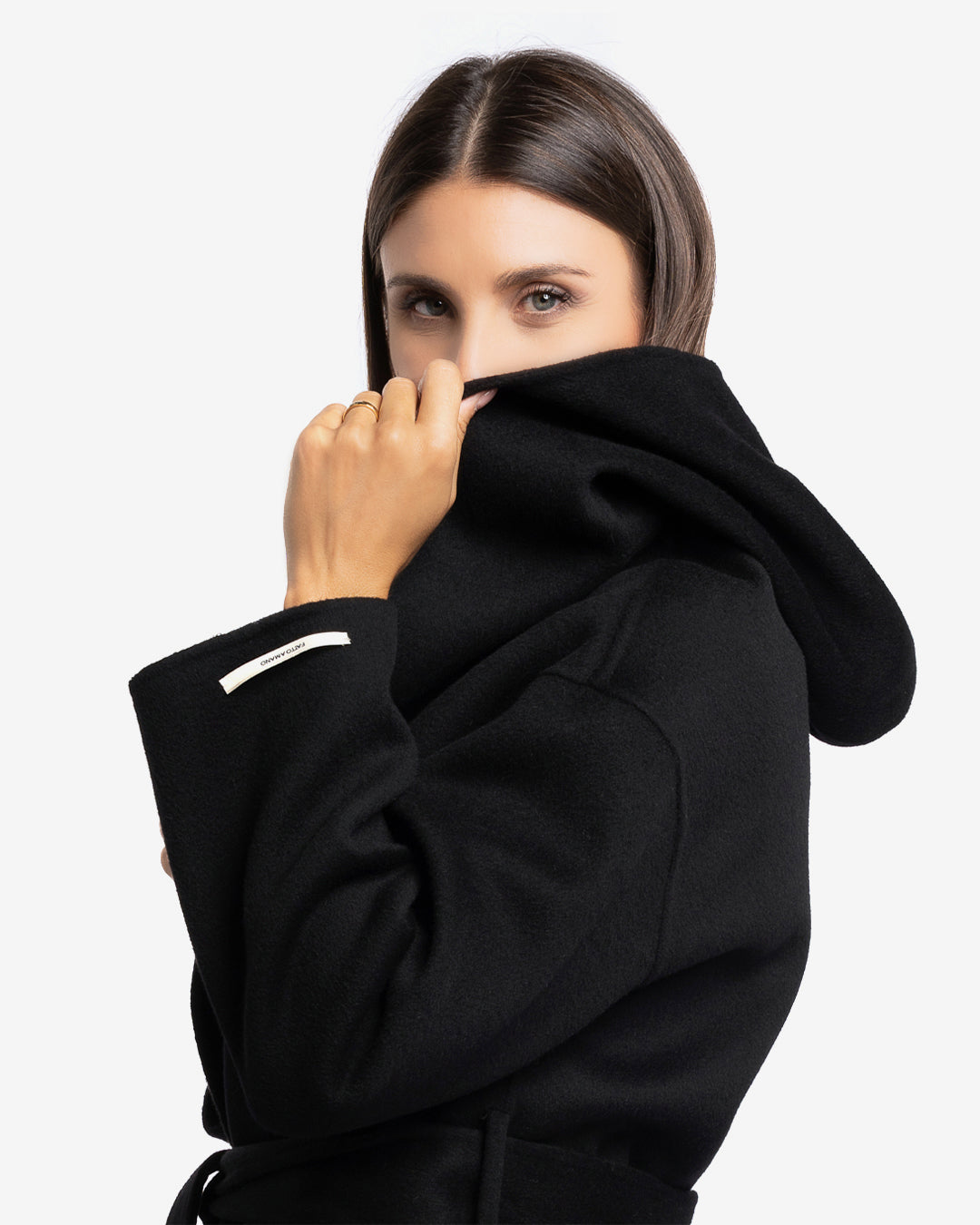 Cappotto midi con cappuccio in lana e cashmere nero