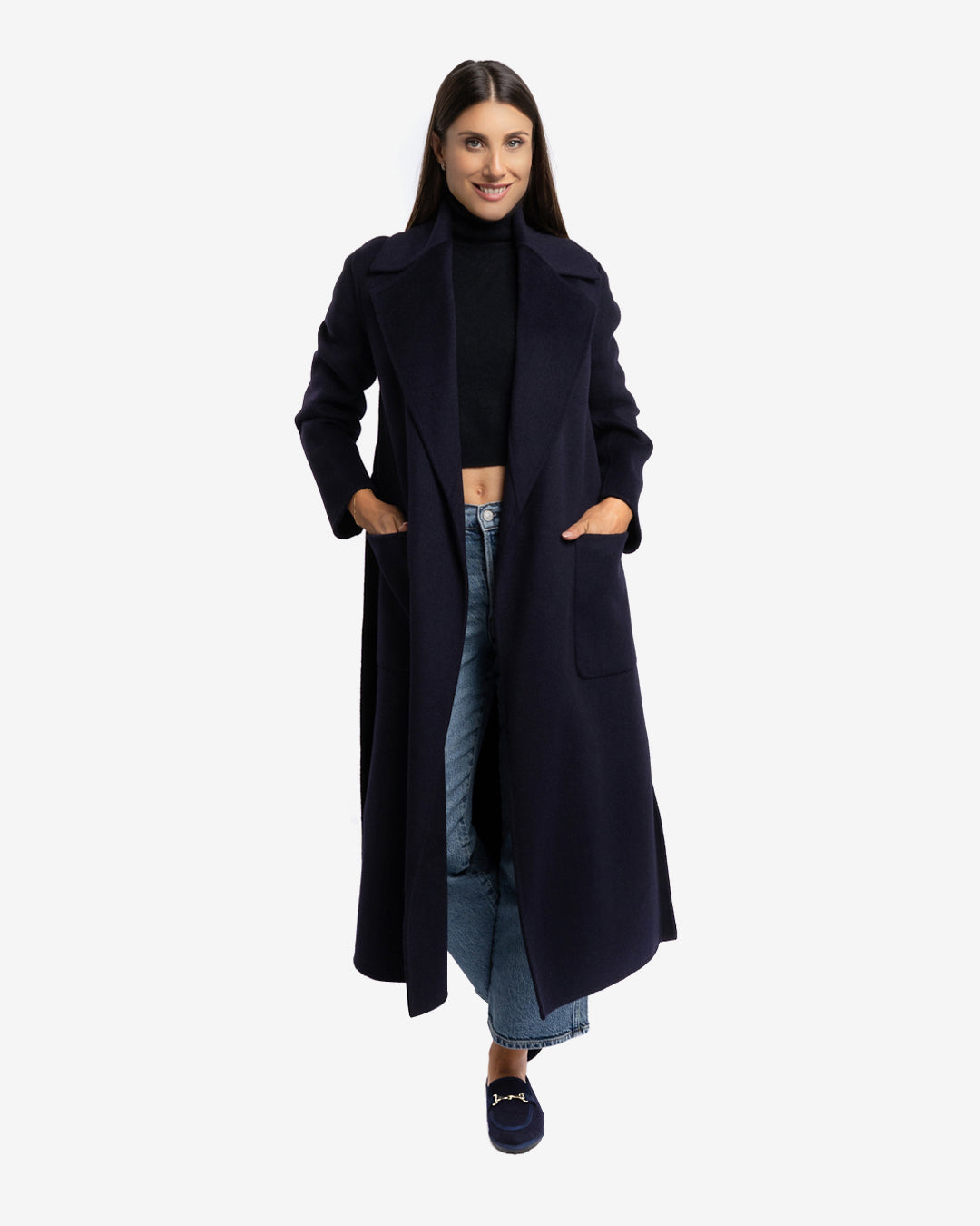 Cappotto lungo tasche applicate in lana e cashmere blu