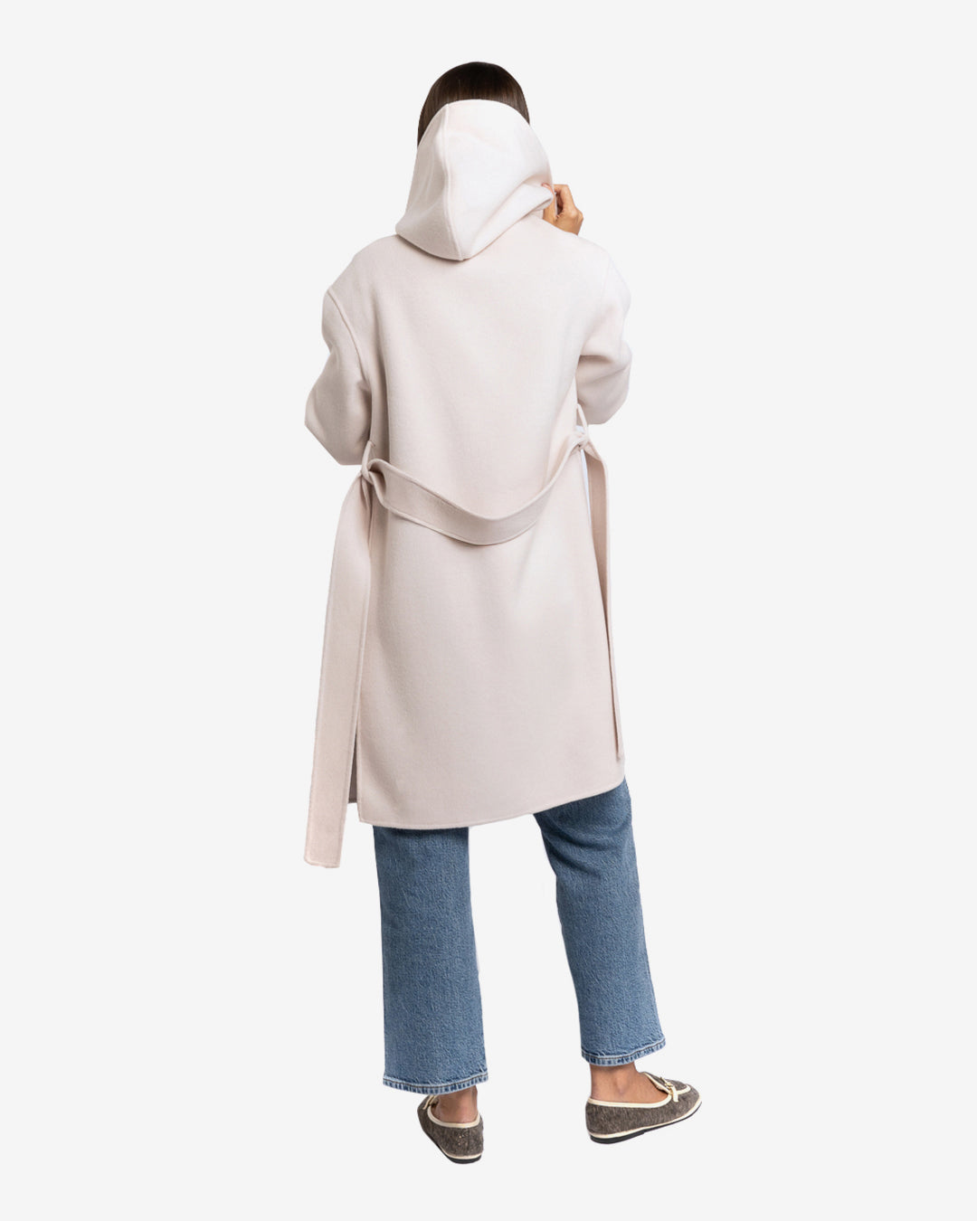 Cappotto midi con cappuccio in lana e cashmere champagne