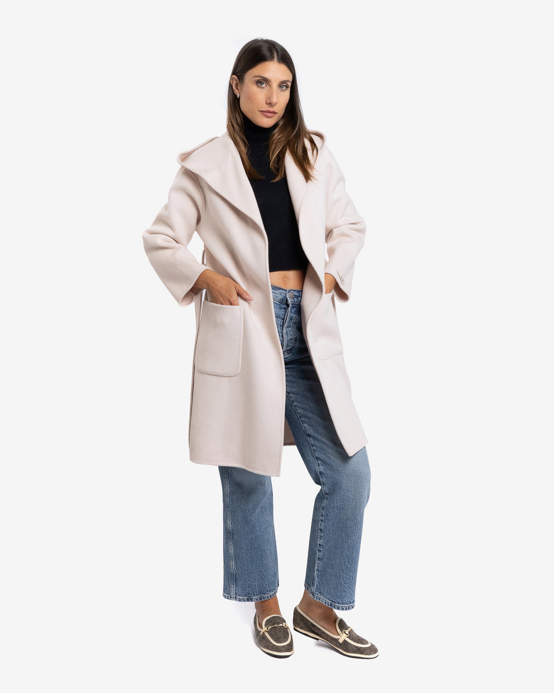 Cappotto midi con cappuccio in lana e cashmere champagne