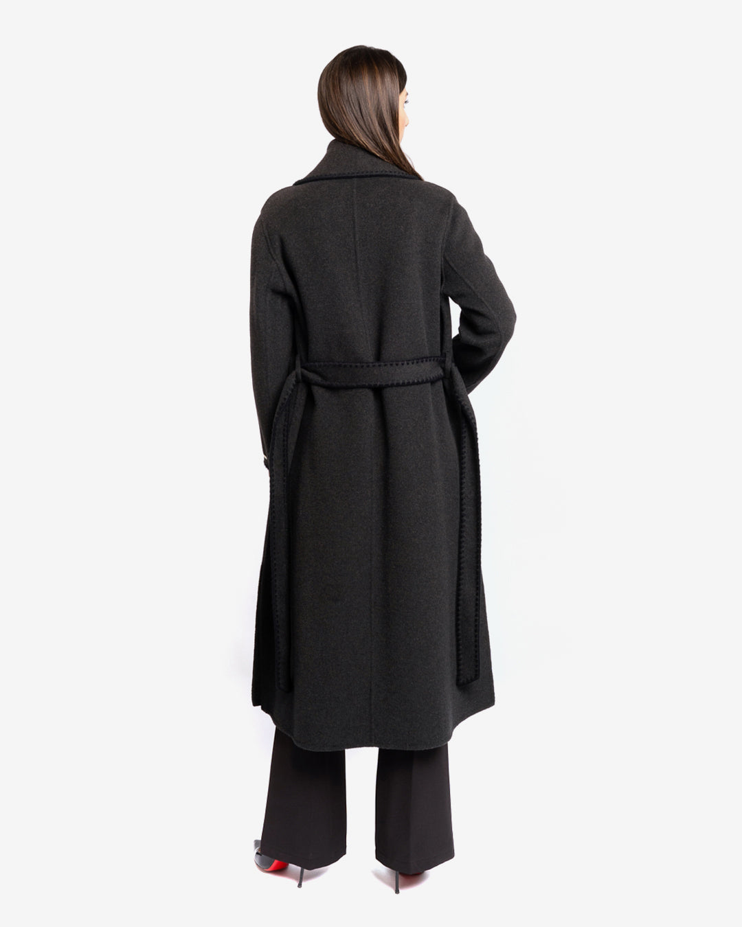 Cappotto con profilo ricamato nero in lana e cashmere grigio